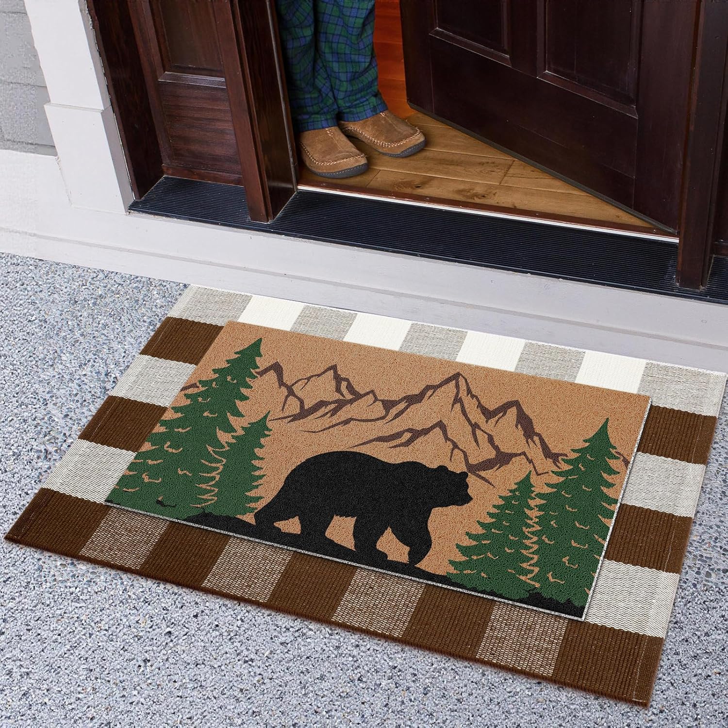 2 Pcs Rustic Bear Welcome Doormat for Front Door 18" x 30" with Brown White Buffalo Plaid Mat 24" x 35" Non-Slip Washable Rustic Cabin Area Rug for Farmhouse Country Outdoor Porch Entryway Decor