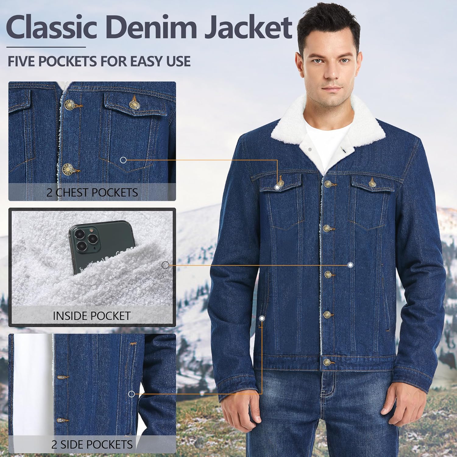 JYG Men's Winter Sherpa Lined Denim Jacket Warm Thicken Trucker Jacket with Multiple Pockets Dark Blue Small