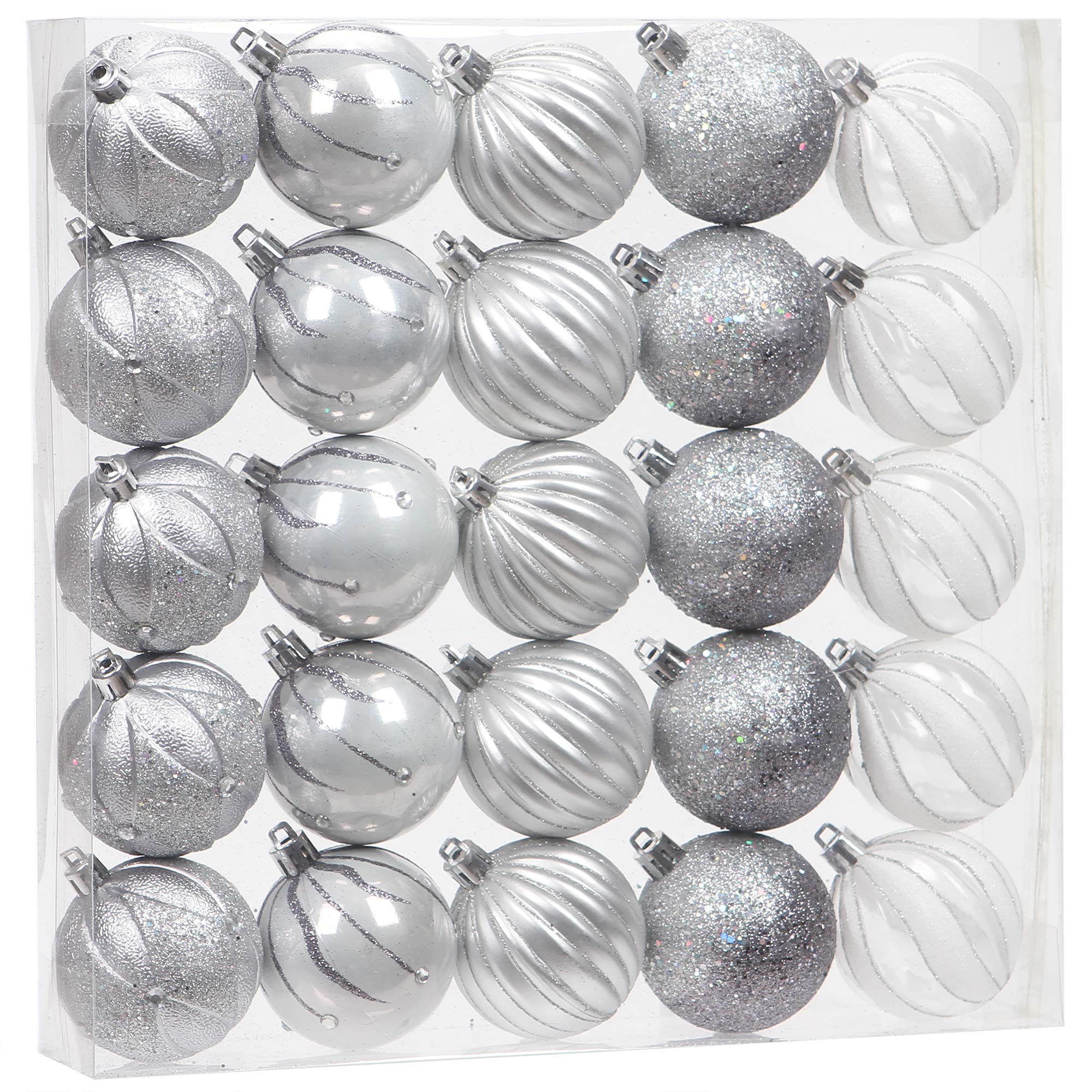 Sea Team Silver 25-Pack Christmas Ball Ornaments With Strings, 60Mm/2.36-Inch Medium Size Baubles, Shatterproof Plastic Christmas Bulbs, Hanging Decorations For Xmas Tree, Holiday, Wedding, Party,