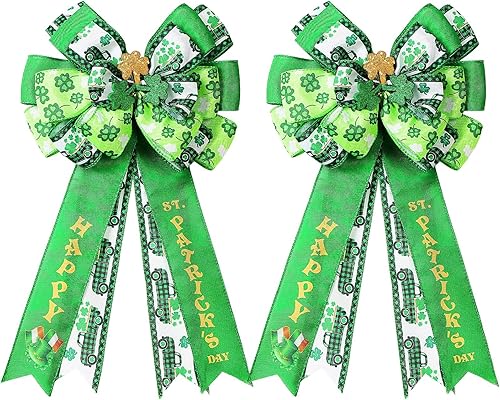 2 lazos grandes para corona del día de San Patricio, 20 x 11 pulgadas, lazo de trébol de trébol con purpurina verde con letra de feliz día de San