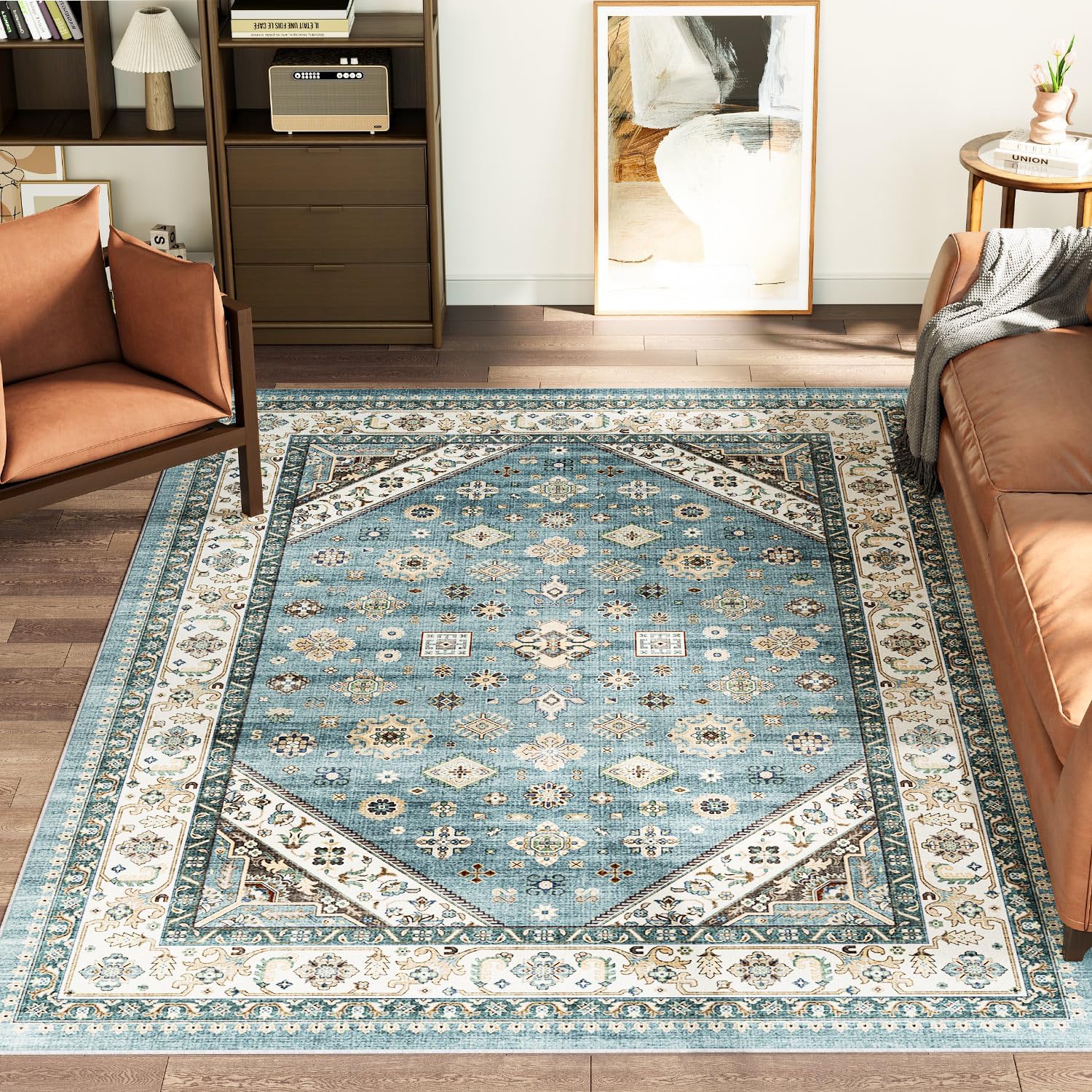 Washable Vintage Area Rug - 5x7 Traditional Oriental Home Decor Floor Covering Mat Indoor Low Pile Non-Slip Carpet for Living Room, Bedroom and Dining Room, Light Blue