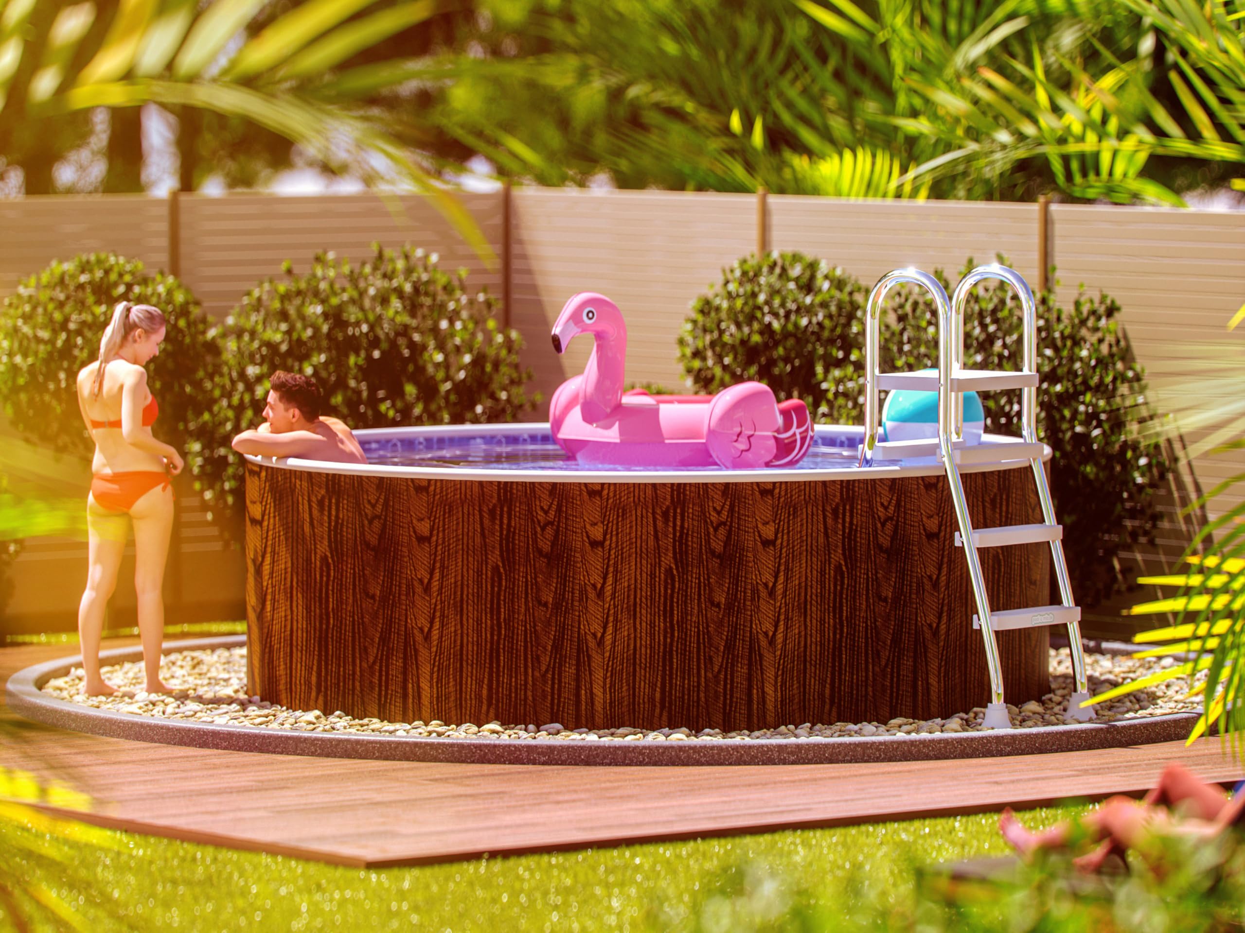 poolomio® Stahlwandpool rund 460 x 120 cm Holzoptik | Robuster Gartenpool als Aufstellbecken oder Einbaupool | Aufstellpool Komplettset mit Innenfolie 0,25 mm, Skimmer & Einlaufdüse
