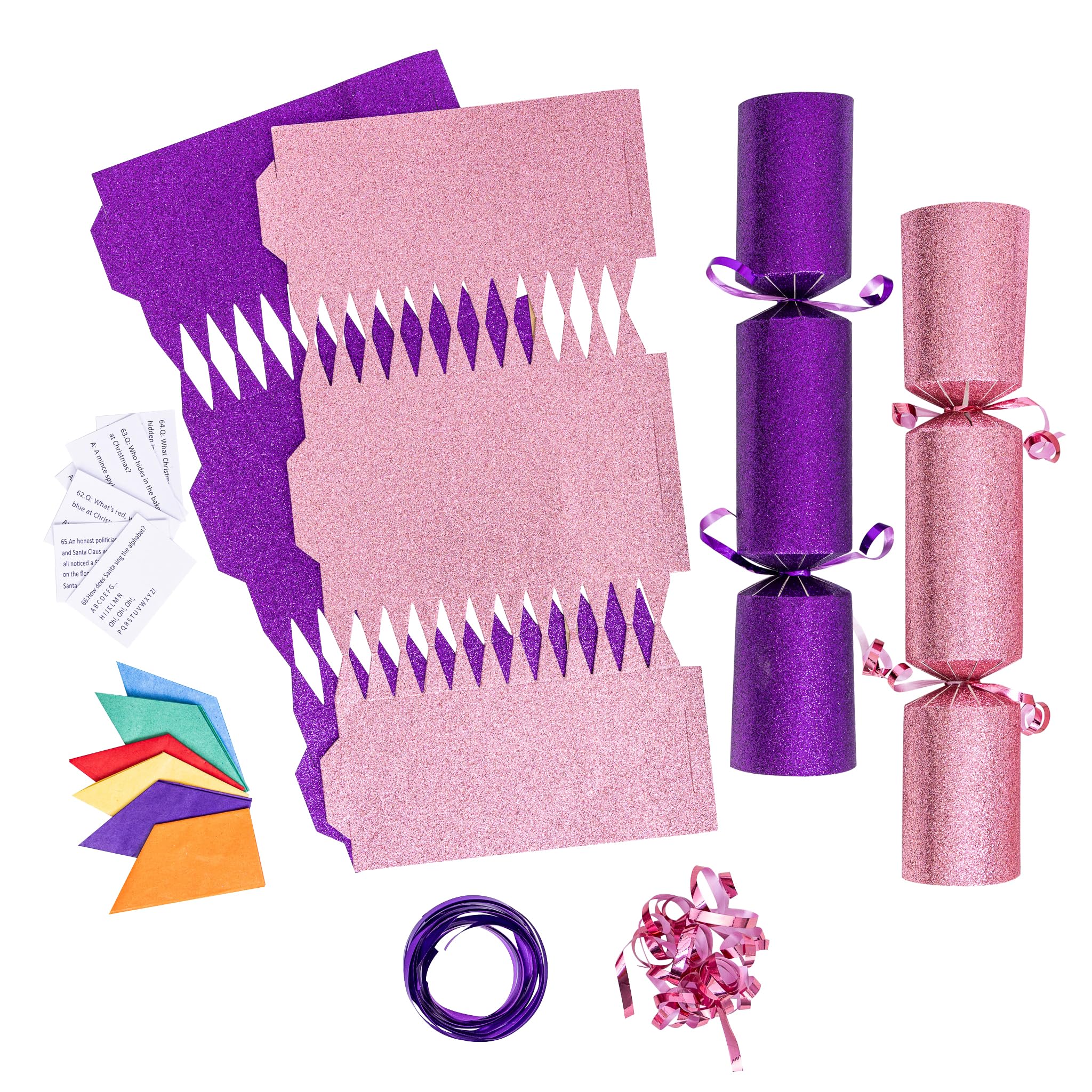 evelay 12 Make Your Own Christmas Cracker Kit DIY Purple & Pink Glitter Crackers Hats Snaps Jokes (Purple, Pink)