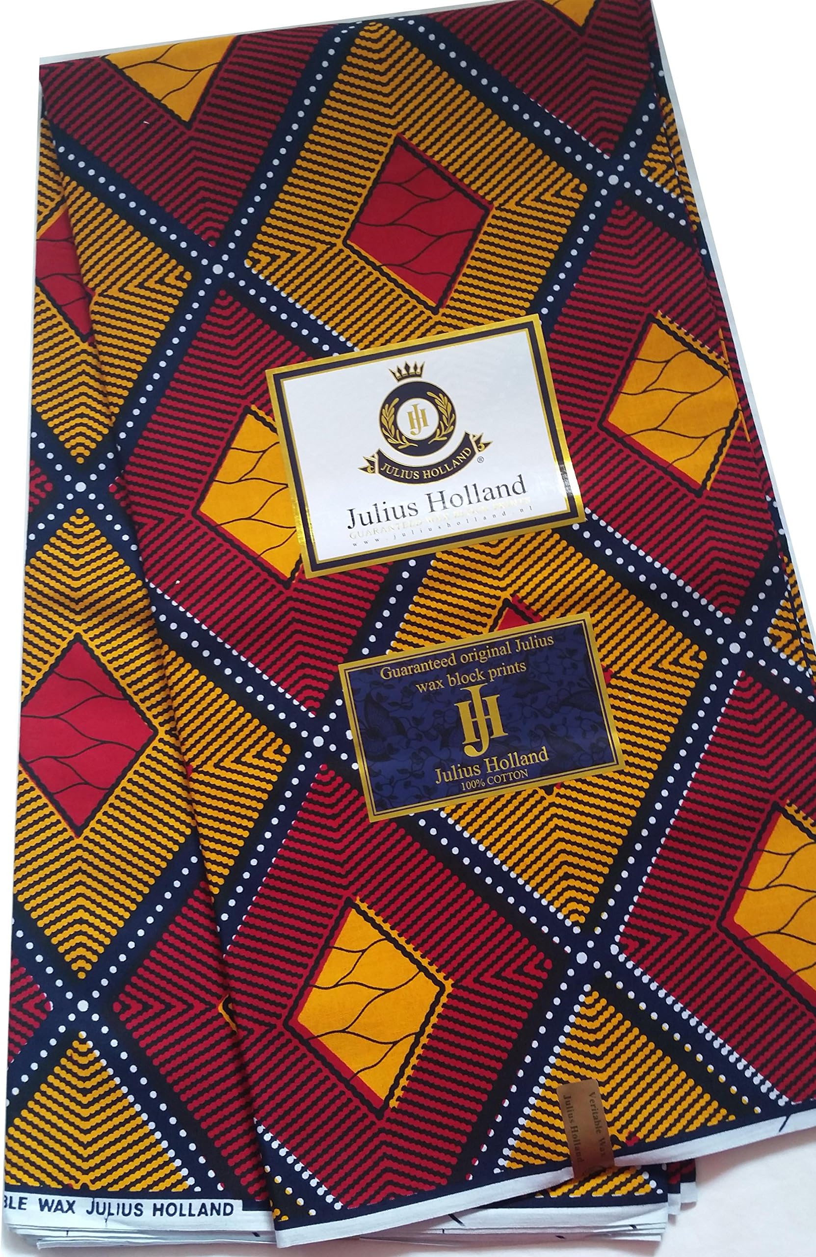 Julius Holland Wax African Fabric Guaranteed wax Block Print, Rhombus Red and Yellow 6 yards