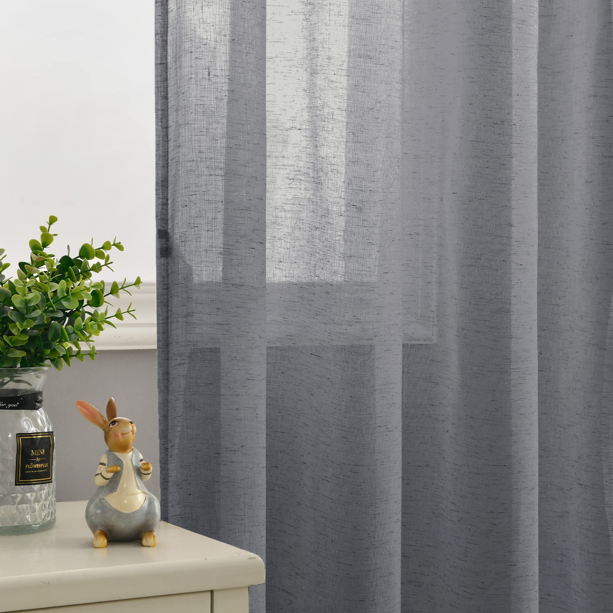 DWCN Semi Sheer linen Curtains for Living Room Linen Textured Voile Curtains Eyelet Top Decorative Curtain Drapes for Bedroom,2 Panels,dark grey,W 52" x L 96"