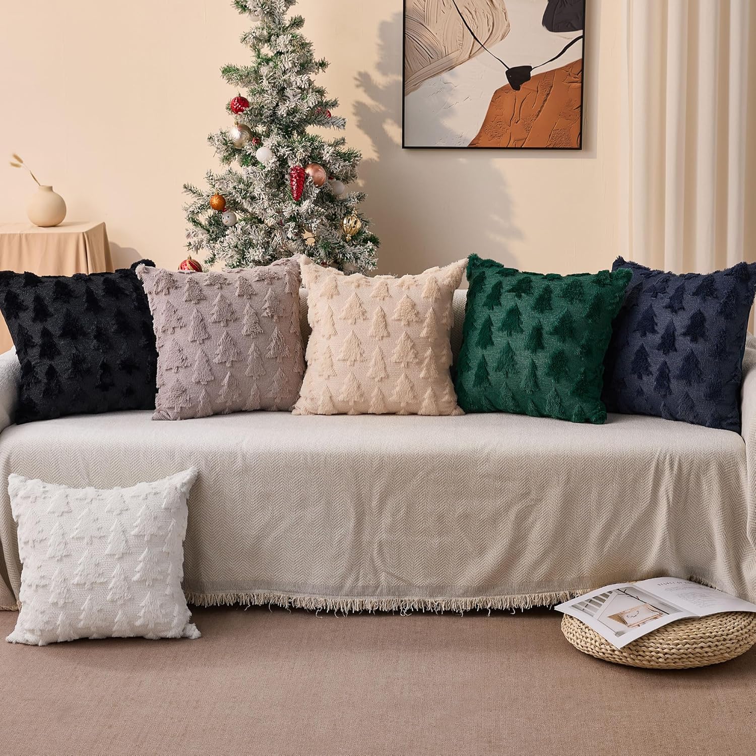 DFXSZ Christmas Tree Pillow Covers 18x18 inch Set of 2 Christmas Decoration Black Soft Plush Faux Fur Jacquard Throw Pillows for Bedroom Sofa Holiday Festivals Winter Home Decor PTK006K18