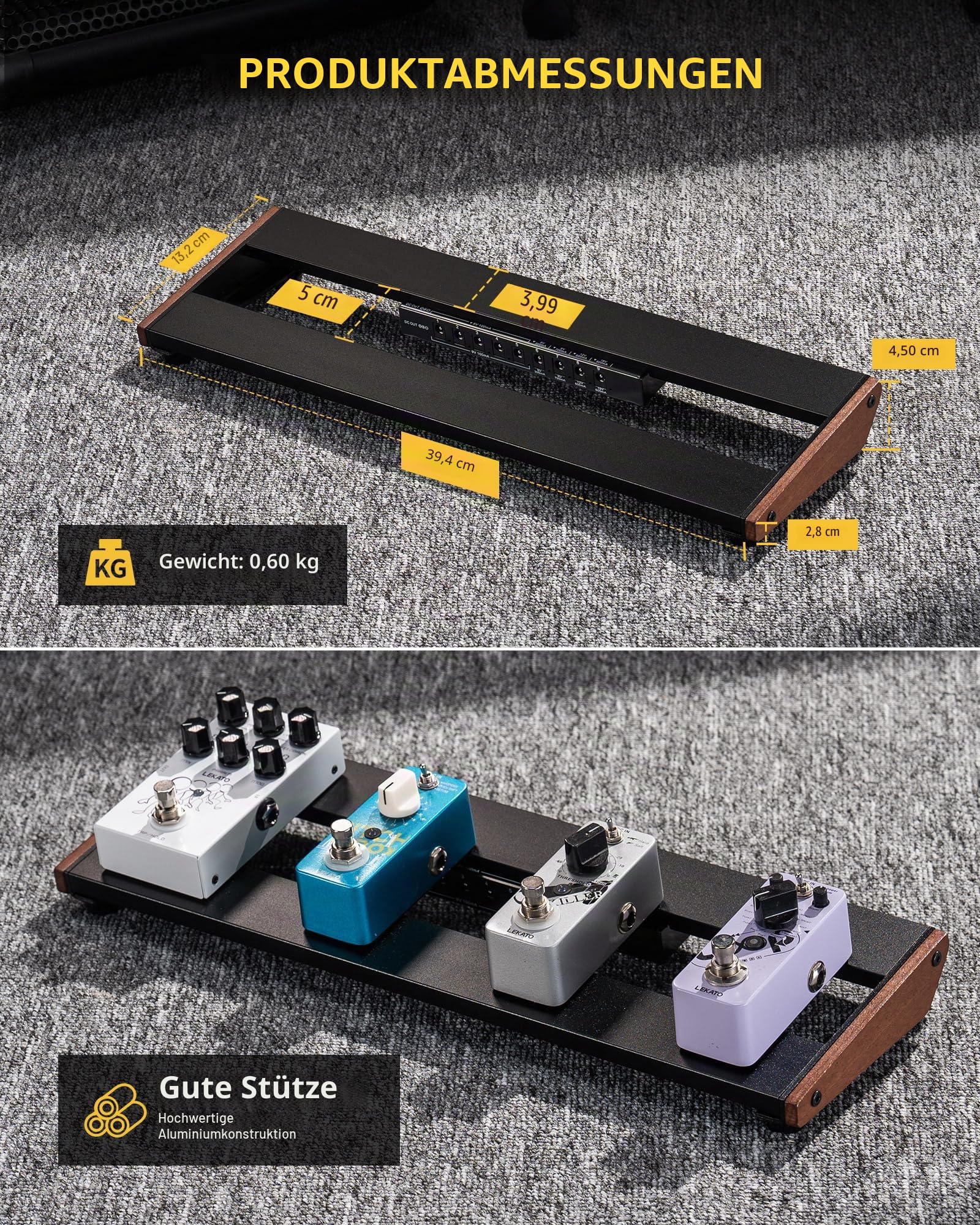 LEKATO Gitarren-Pedalboard mit integriertem Netzteil, 39,4 x 13 x 4 cm Kompaktes Effektpedalboard, Leichter Aluminiumrahmen, für Gitarristen und Bassisten (PB-01S)