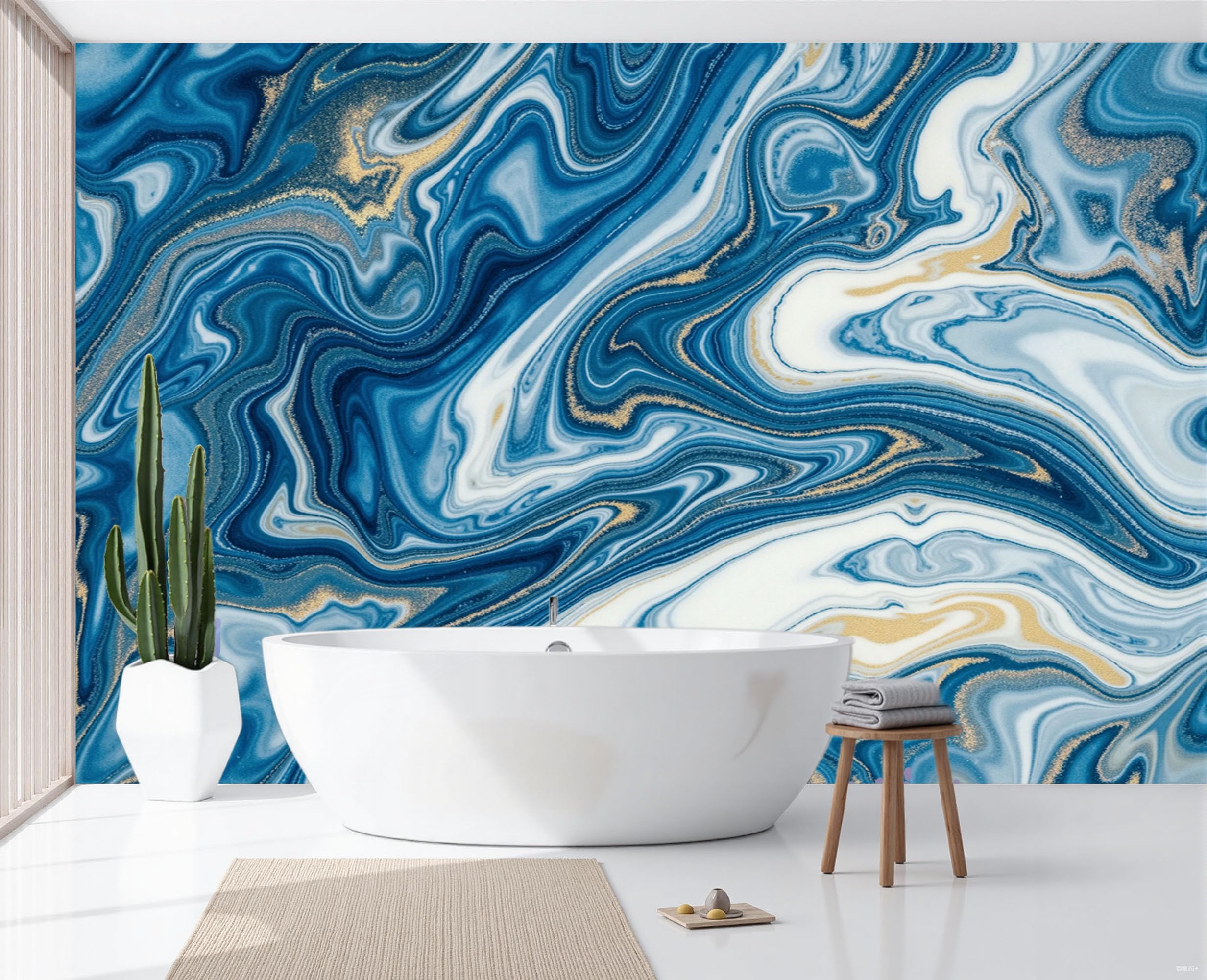 Papier peint salon canapé texture marbre bleu moderne fresque chambre 350x256
