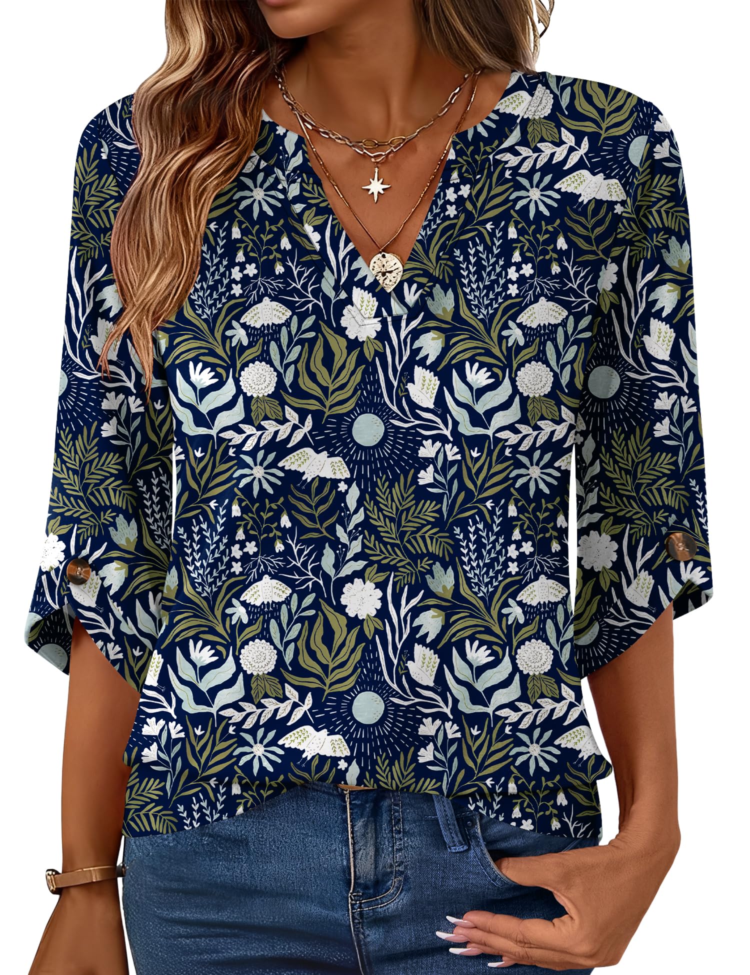 Rapbin Bluse Damen 3/4 Arm Langerm Oberteil Shirt 2026 Sommer Elegant Top Oberteile V Ausschnitt Blusen Lässig Locker Tunika