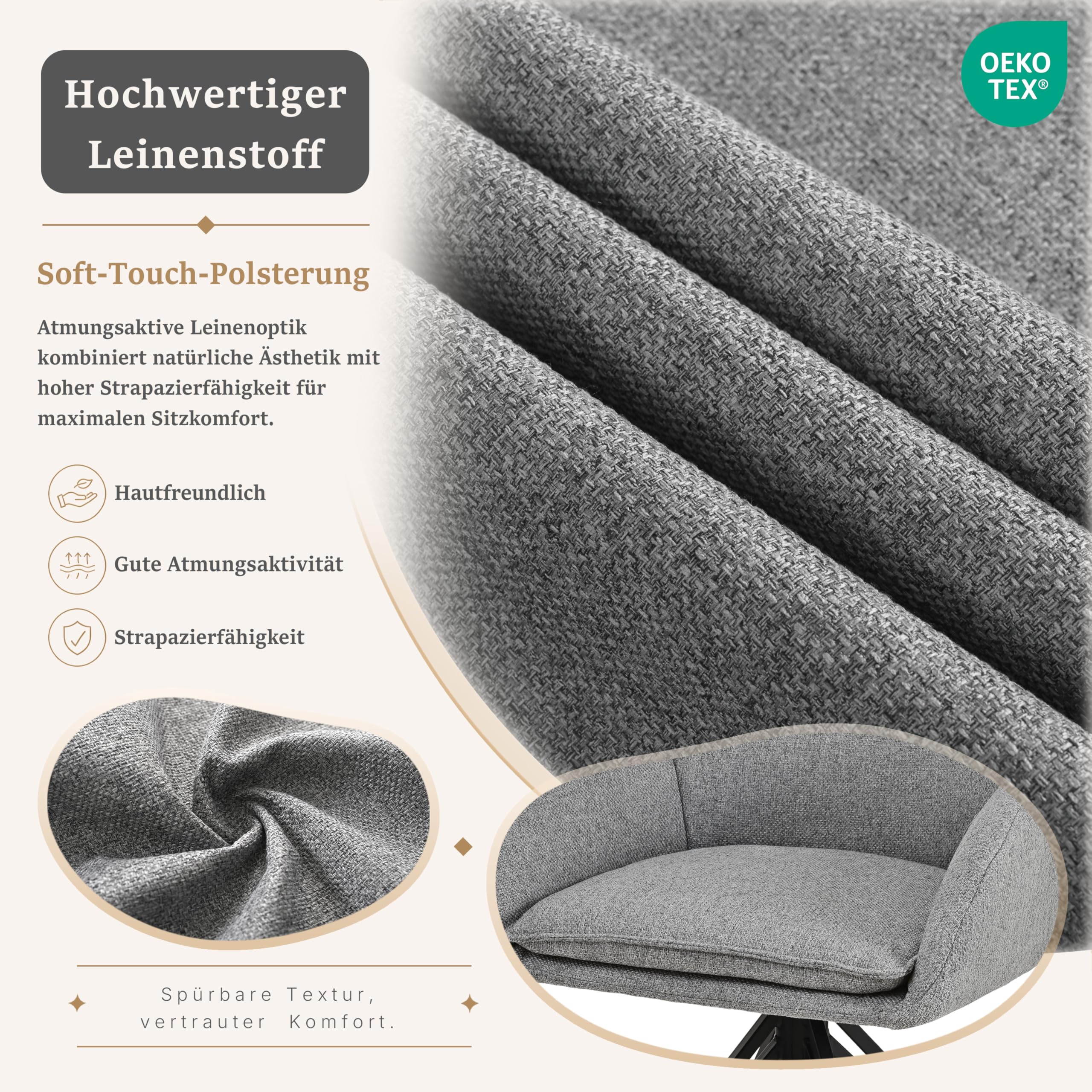Esszimmerstühle Drehbar 6er Set mit Armlehne, Drehstuhl Esszimmer, Polsterstuhl, 360° drehbar, Küchenstuhl mit Metallbeine für Esszimmer, Büro, Taubengrau