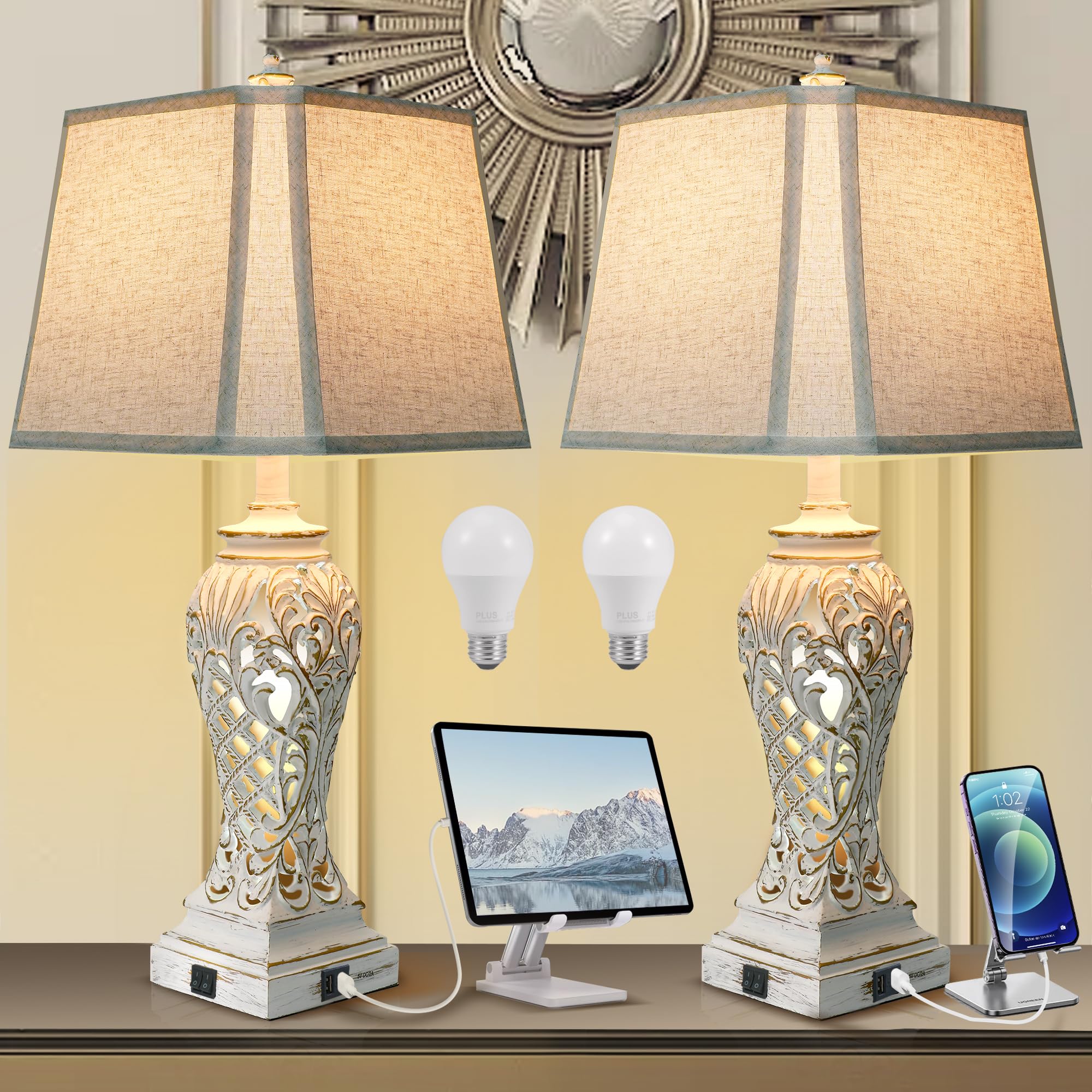 29'' Tall Farmhouse Table Lamps Set of 2, Boho Table Lamp for Living Room with USB C+A, Bedside Lamp with Nightlight for Bedroom, Hollow Out Resin Lamp Nightstand Lamp (Bulbs Included)