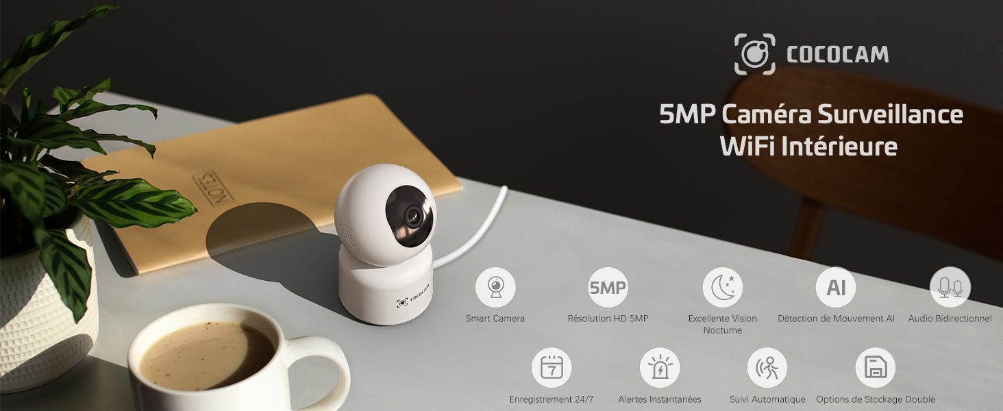 COCOCAM 5MP beveiligingscamera voor binnen,2.4/5GHz WiFi camera voor baby's/ huisdieren, 355° P 95° T, 24/7 opname, AI-bewegingsdetectie, automatische tracking, 2-weg audio, cloud/TF, werkt met Alexa