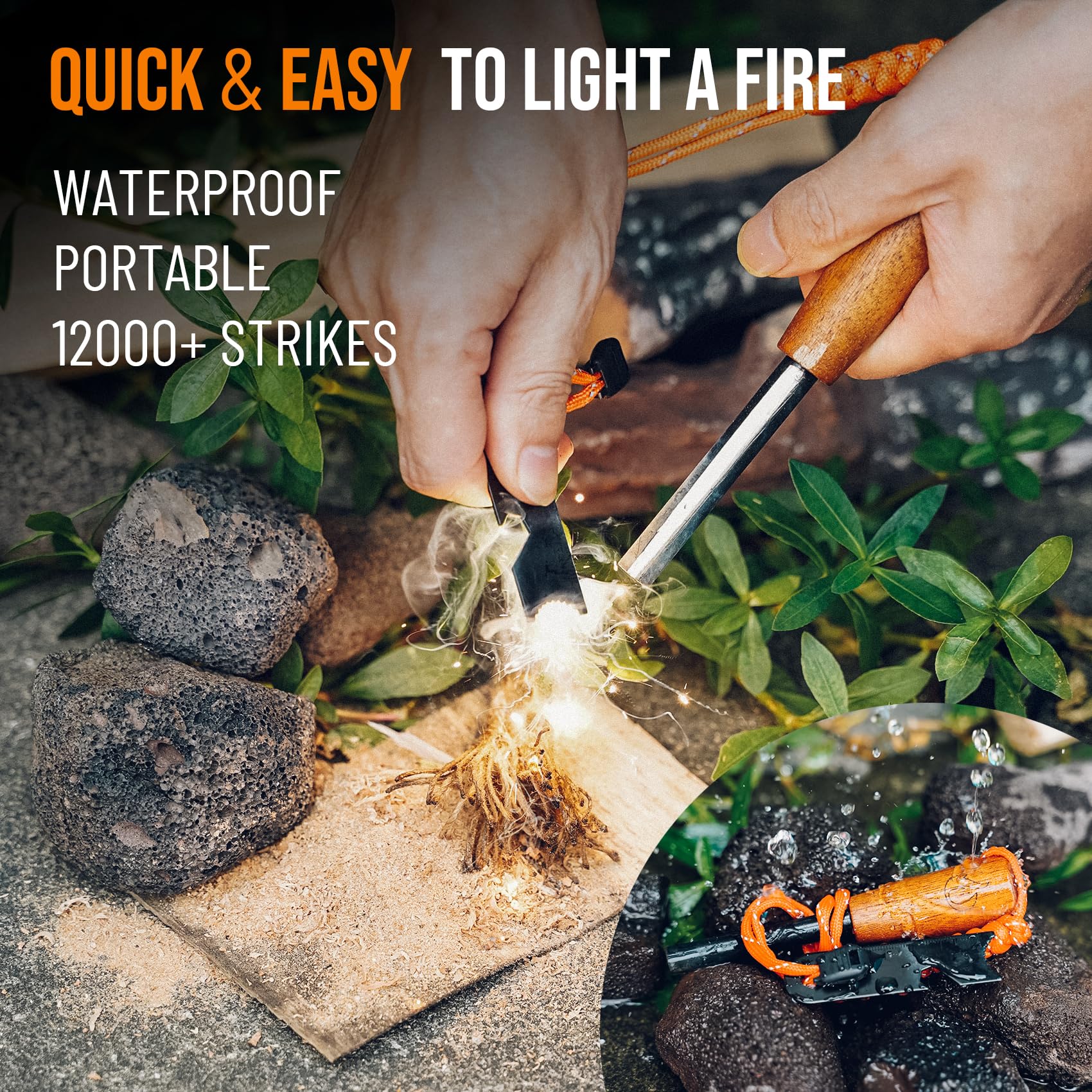 Feuerstarter Survival Tool, Ferro Rod Kit mit Striker, Paracord Handgelenk Lanyard, Holzgriff, Zunderdocht, Tasche, wasserdichter Feuerstein und Stahl Feuerstarter für Camping, Wandern und