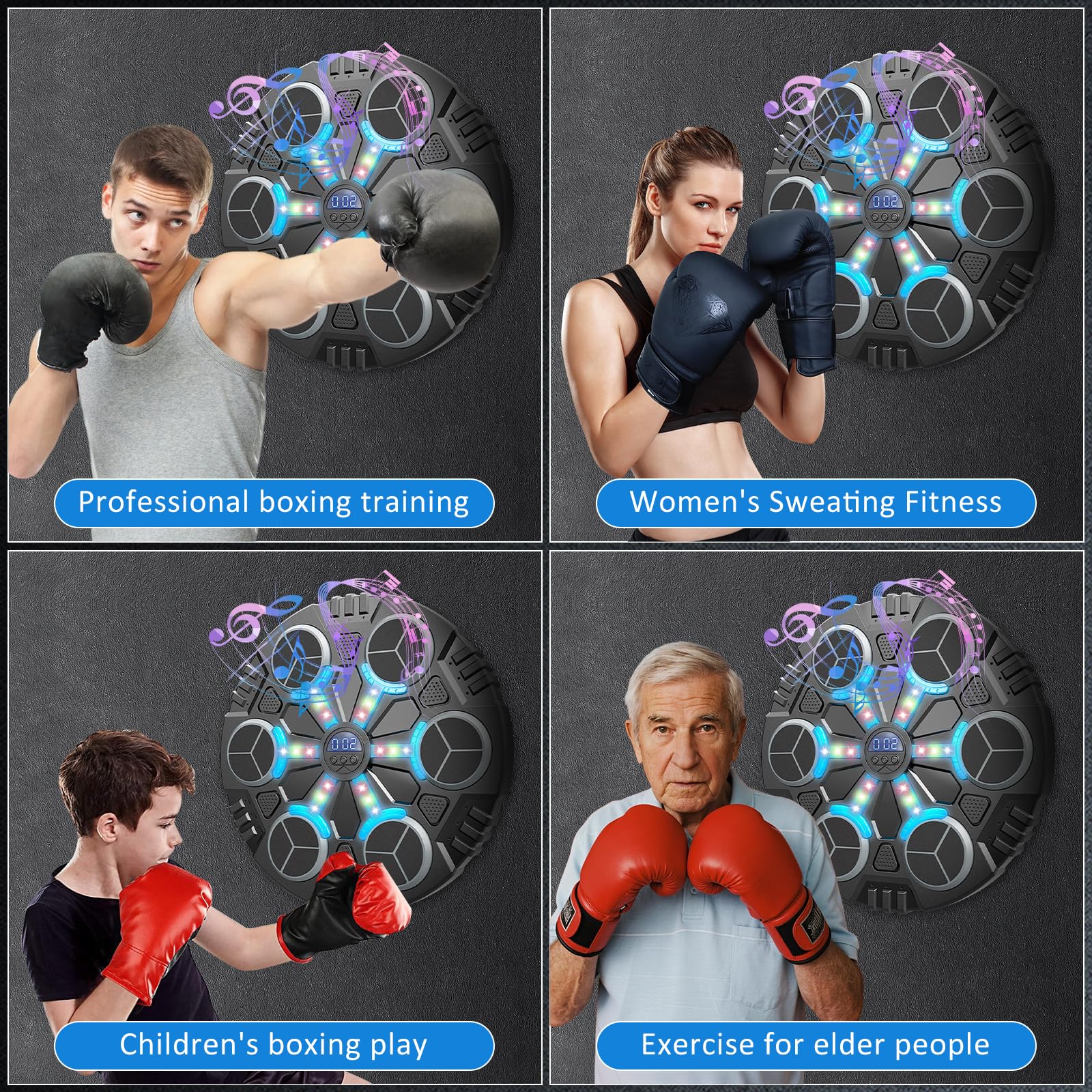 Máquina de Boxeo Musical, LED Luces Music Boxing Machine con Guantes De Boxeo, 3 Velocidades Ajustables y Contables, Boxeo Pared Musical Maquina con Bluetooth para Adultos y Niños