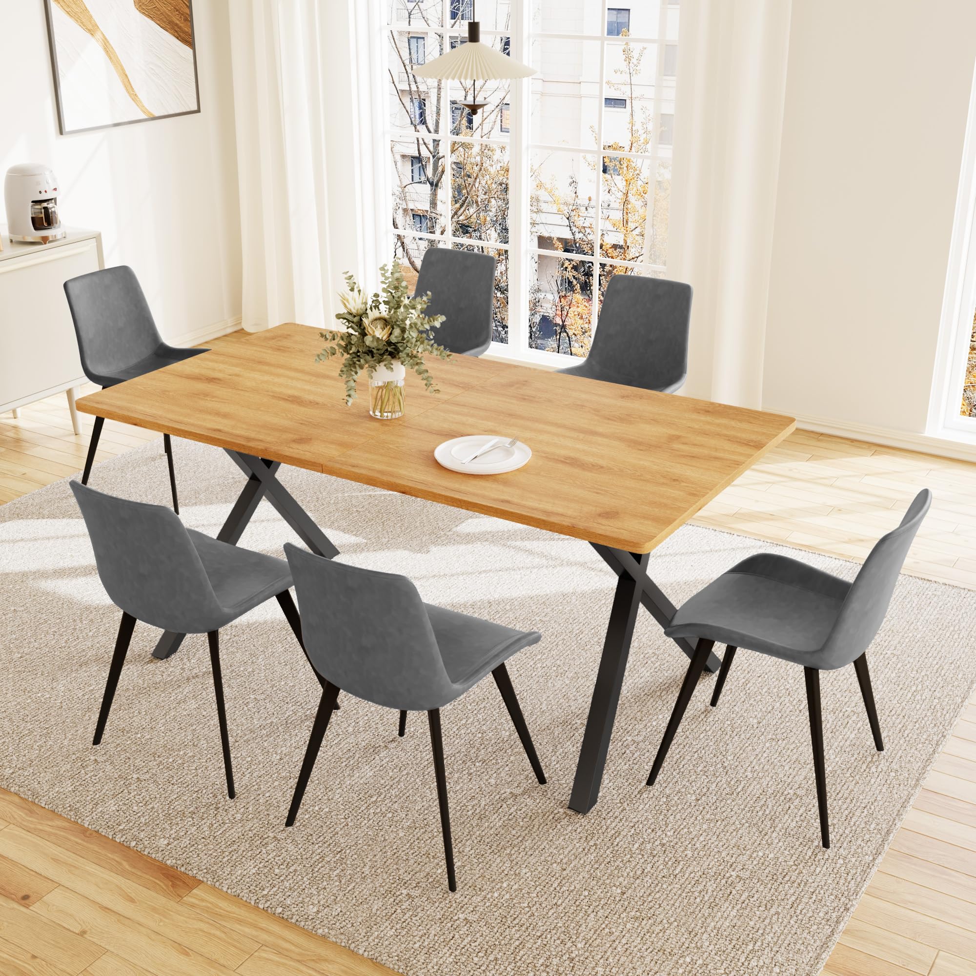 HIPIHOM 7-Piece Dining Table Set for 6 People, 63" MDF Kitchen Table with 6 Upholstered Chairs, Metal Legs for Dining Room, Kitchen(Oak Table+6 Grey