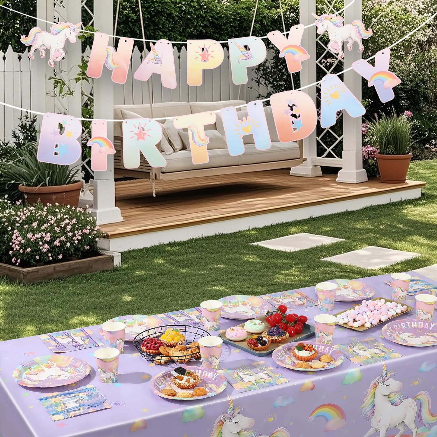 Birthday Party Supplies Kit for 24 Guests, 170 Pcs for Unicorn Birthday Decorations, Includes Dinner & Dessert Plates, Napkins, Cups, Cutlery, Banner and Tablecloth - Image 7