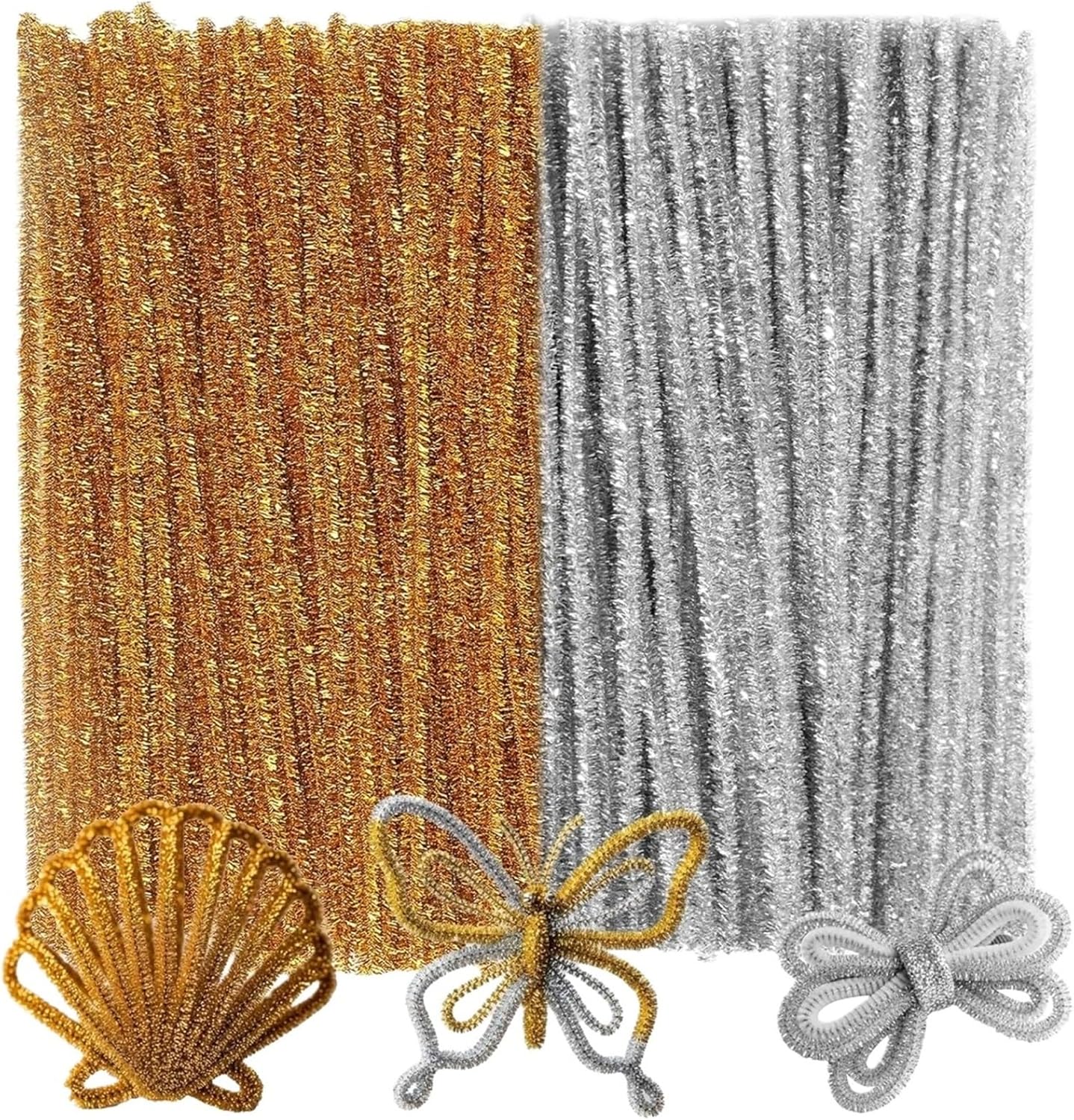 Glitter Pipe Cleaners 1000pcs Glitter Golden Silver Pipe Cleaners Thick Fluffy Stems Cleaner Crafts for Arts(Silver)
