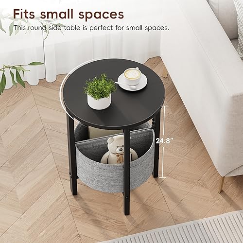 Miniatura 4 de Vagusicc Mesa auxiliar redonda pequeña, mesa auxiliar alta con cesta de almacenamiento, juego de 2 mesas redondas de media luna, mesas de noche de