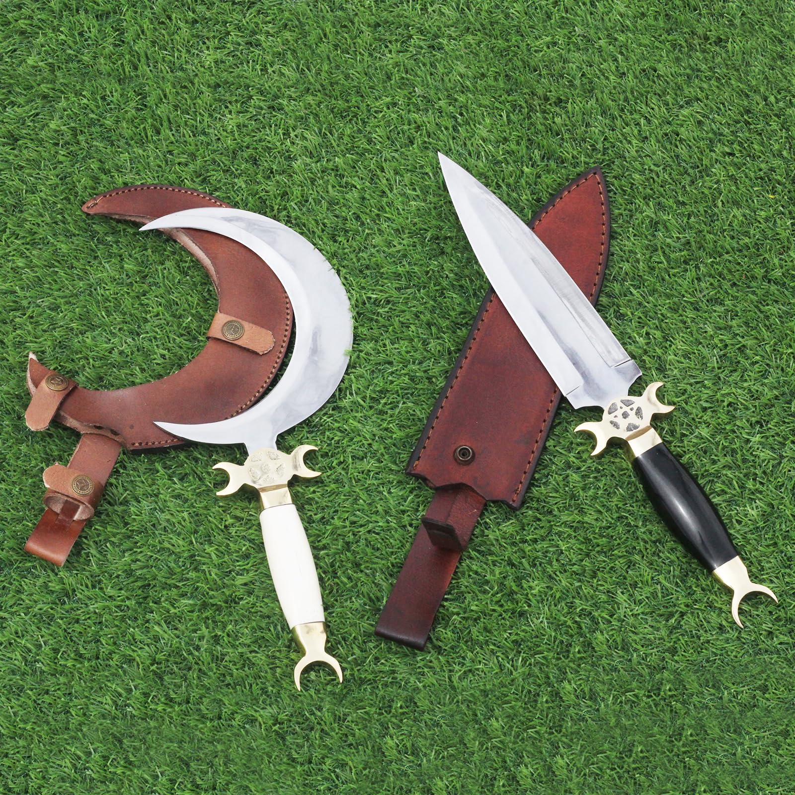 2Pcs Crescent Moon Shaped Knives Set, Druid's Crescent Moon Ritual Athame Curved Knife, Crescent Knife Camel Bone Handle, Athame Ritual Knife Horn Handle
