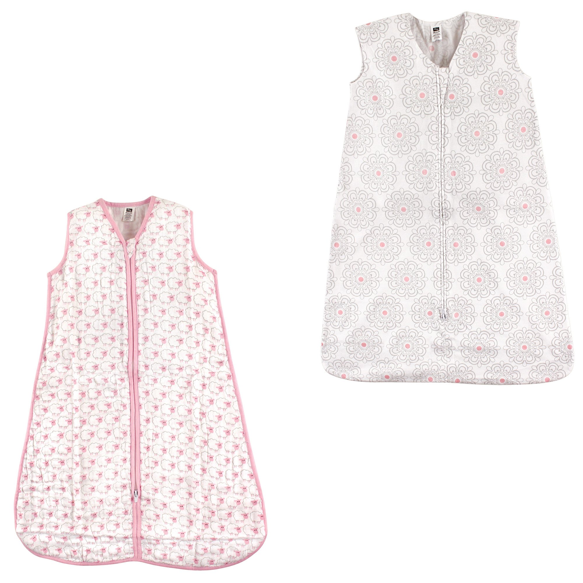 Hudson Baby Safe Sleep Wearable Sleeping Bag Muslin & Jersey Cotton, 2 Pack, Pink Sheep/Modern Floral, 12-18 Months