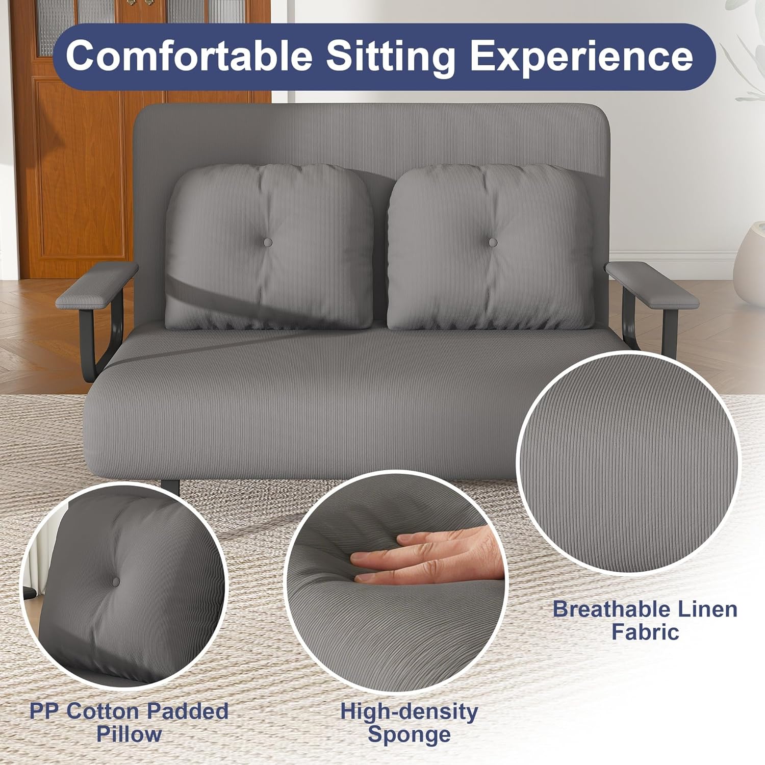 46" Wide Folding Sofa Bed 5-in-1 Convertible Chair for Two – Extra-Wide Space-Saving Sleeper with 5-Position Adjustable Backrest, Pillow & Corduroy Fabric (71.6" W x 46" D)(Gray)