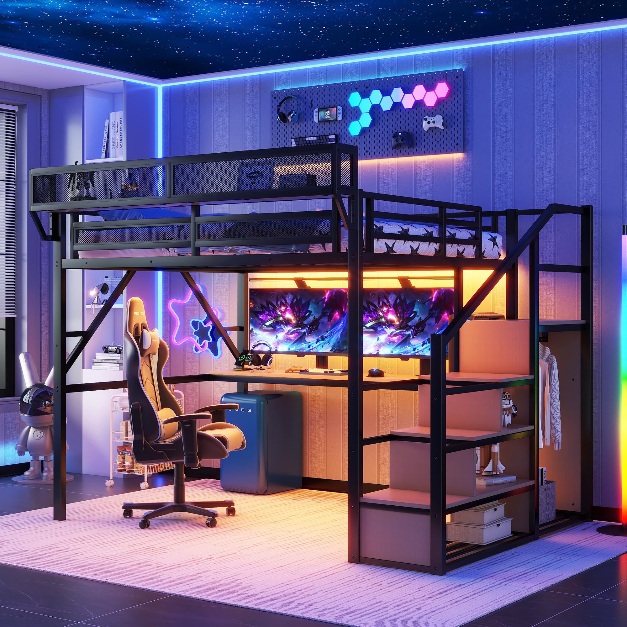 Queen Loft Bed with Desk and RGB Light, Metal Loft Bed Frame with Stairs and Bedside Shelf, Heavy-Duty Lofts Beds with Storage Shelves and Wardrobe for Kids Teens, Black