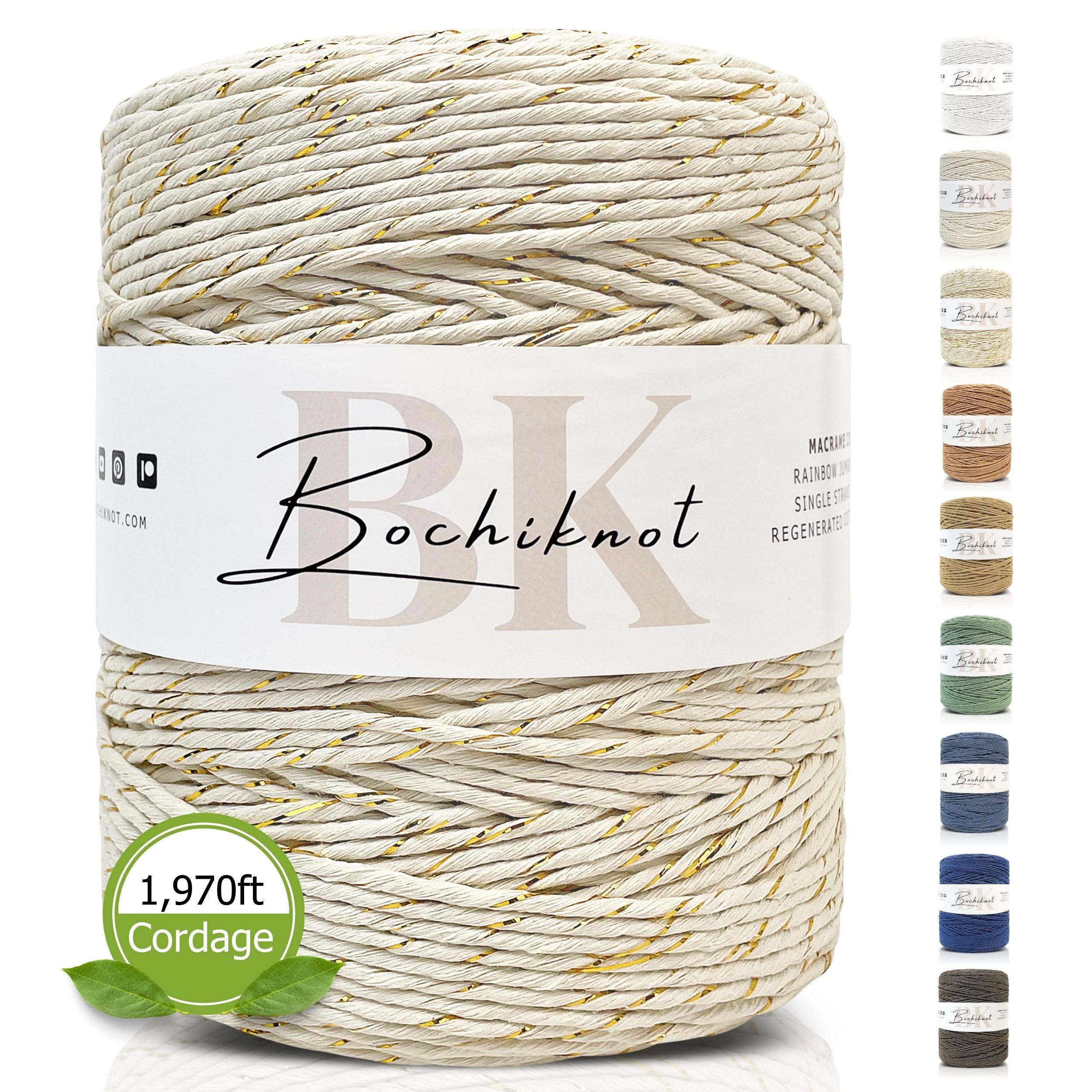 BOCHIKNOT Cuerda de macramé de 3 mm en rollo jumbo, 650 yardas, cuerda de algodón para macramé, hilo de 3 mm, cuerda de algodón para anudar, ganchos de plantas (color, natural y dorado)