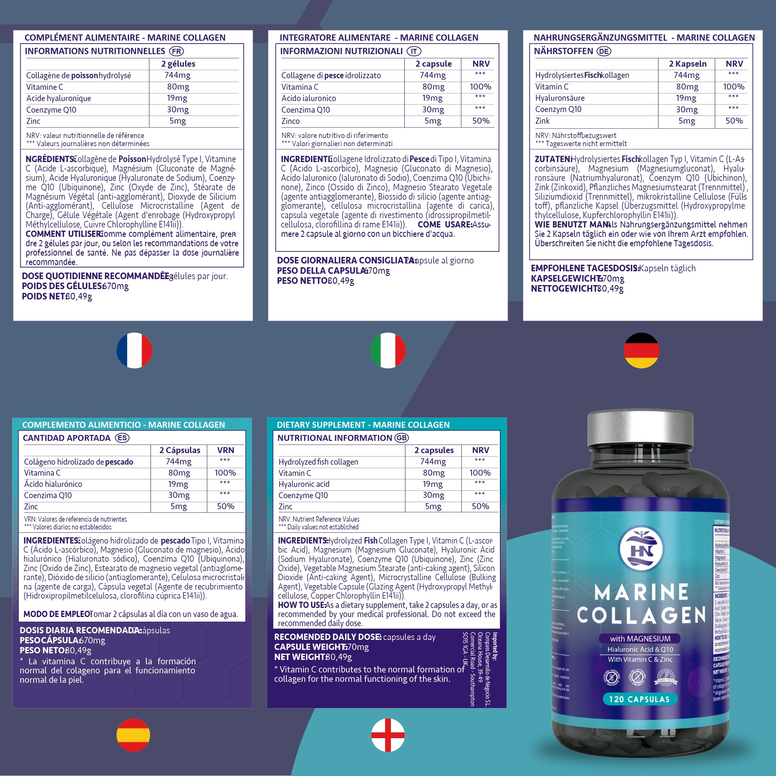 Colageno Marino Hidrolizado Puro con Acido Hialuronico, Vitamina C, Coéncima Q10 y Zinc, Marine Collagen, Colágeno Marino con Acido Hialurónico (120 Caps x 3 botes)