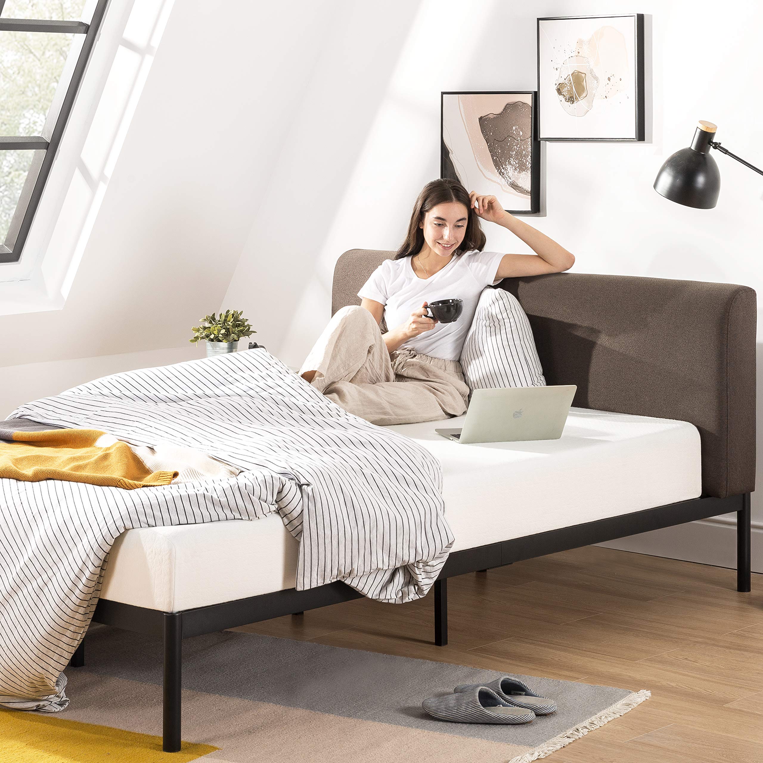 Mellow BREE Metal Platform Bed with Curved Upholstered Headboard, Steel Slats, Easy Assembly, Espresso Brown, Queen