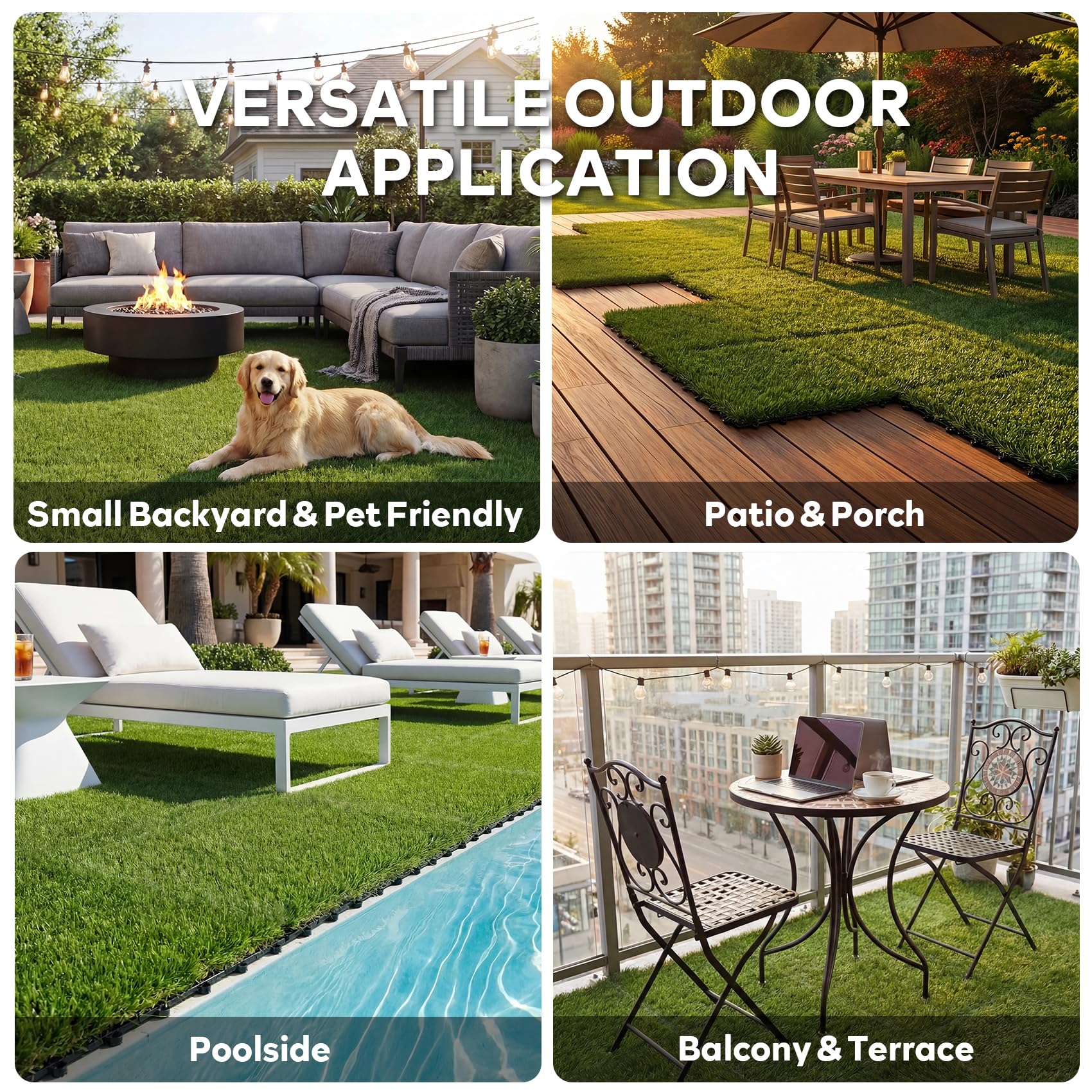 XLX TURF Piastrelle in erba artificiale ad incastro, per terrazza, autodrenante, con fibbia rettangolare ad incastro, 30 x 30 cm, confezione da 6