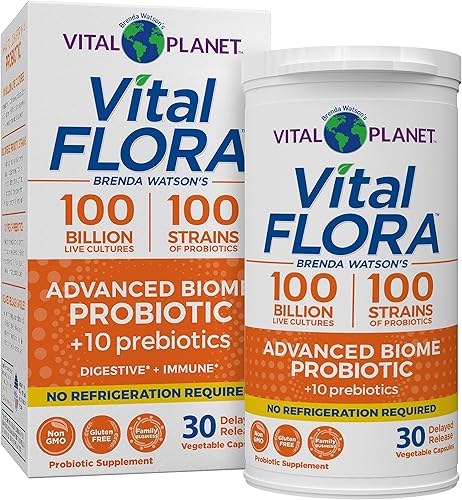 Vital Planet - Probiótico avanzado Vital Flora 100 mil millones de UFC, 100 cepas diversas, 10 prebióticos orgánicos, apoyo inmunológico