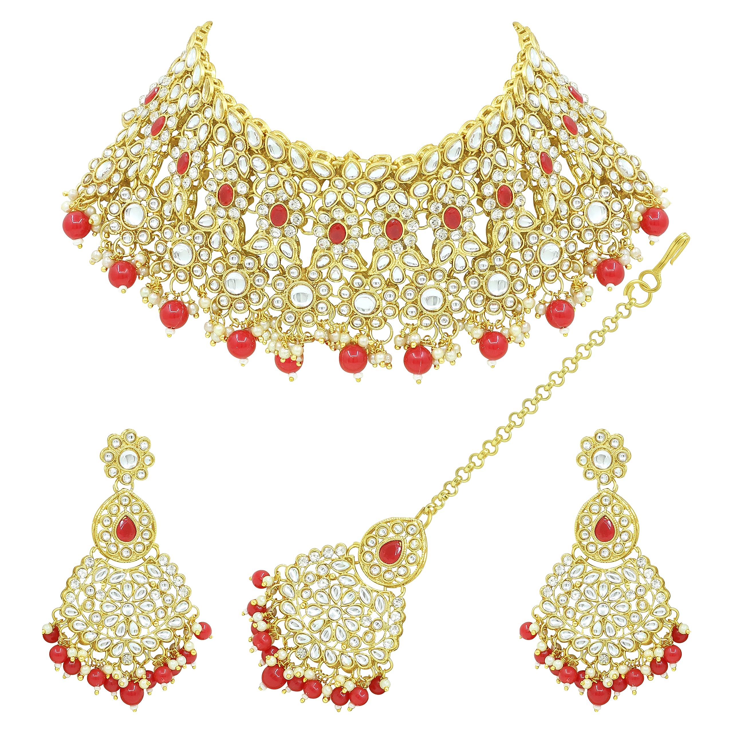 SAIYONI Wedding Collection Kundan Stone Choker Necklace Earring With Maangtikka Jewellery Set For Women & Girls. (Red) (B099WJJDWG) Amazon Price History, Amazon Price Tracker