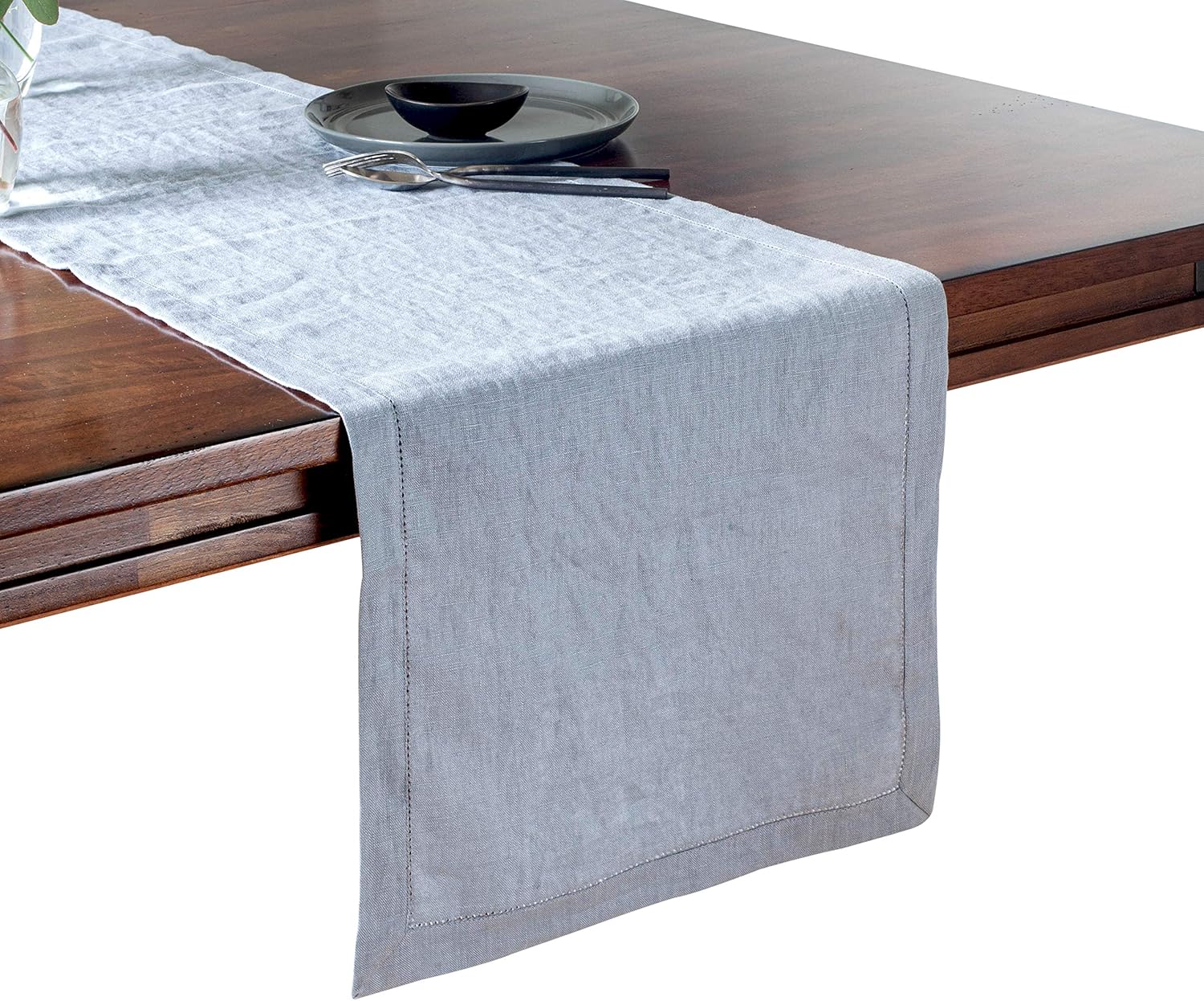 100% Flax Linen Table Runner-Medium Weight-Stonewashed Pure Linen Rustic Table Runner for Modern Farmhouse Decor- Classic Hemstitch Table Runner-14x90 Inch-Dusty Blue