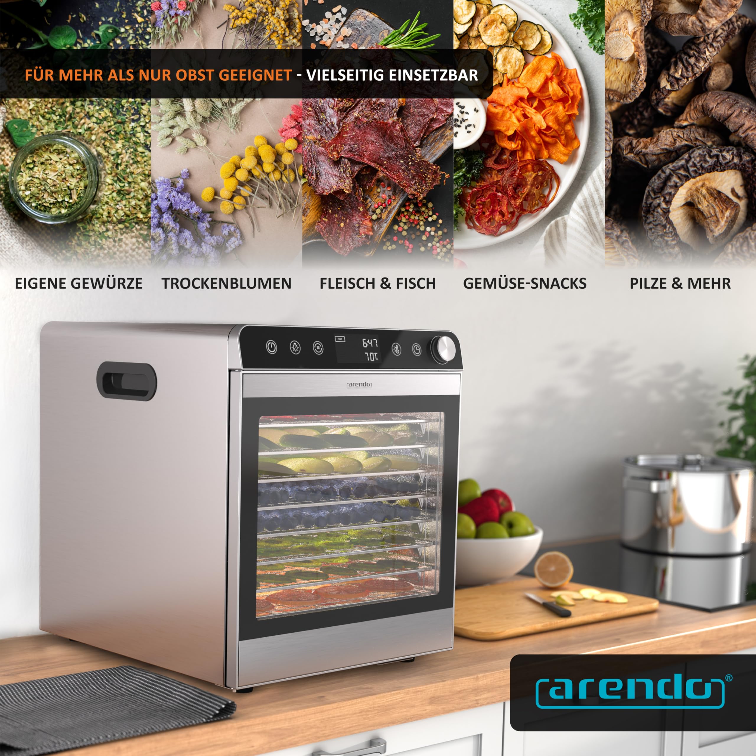 Arendo - Dörrautomat Edelstahl mit 10 Edelstahlgitter - 8400 cm² - Dörrgerät Dehydrator Obsttrockner Dörrapparat - Obst Fleisch Pilze uvm
