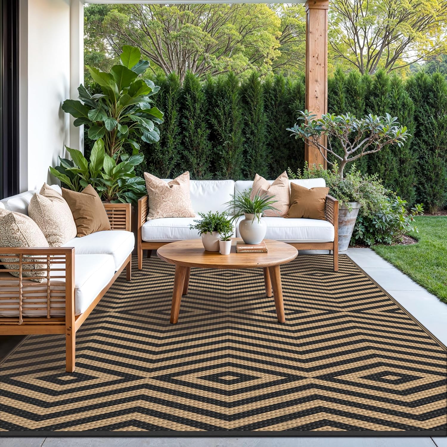 GENIMO Outdoor Rug for Patio Clearance, 8'x10' Reversible Plastic Straw Rugs, Lightweight Waterproof Modern RV Camping Mat for Camper, Balcony, Deck, Backyard, Picnic, Black Brown