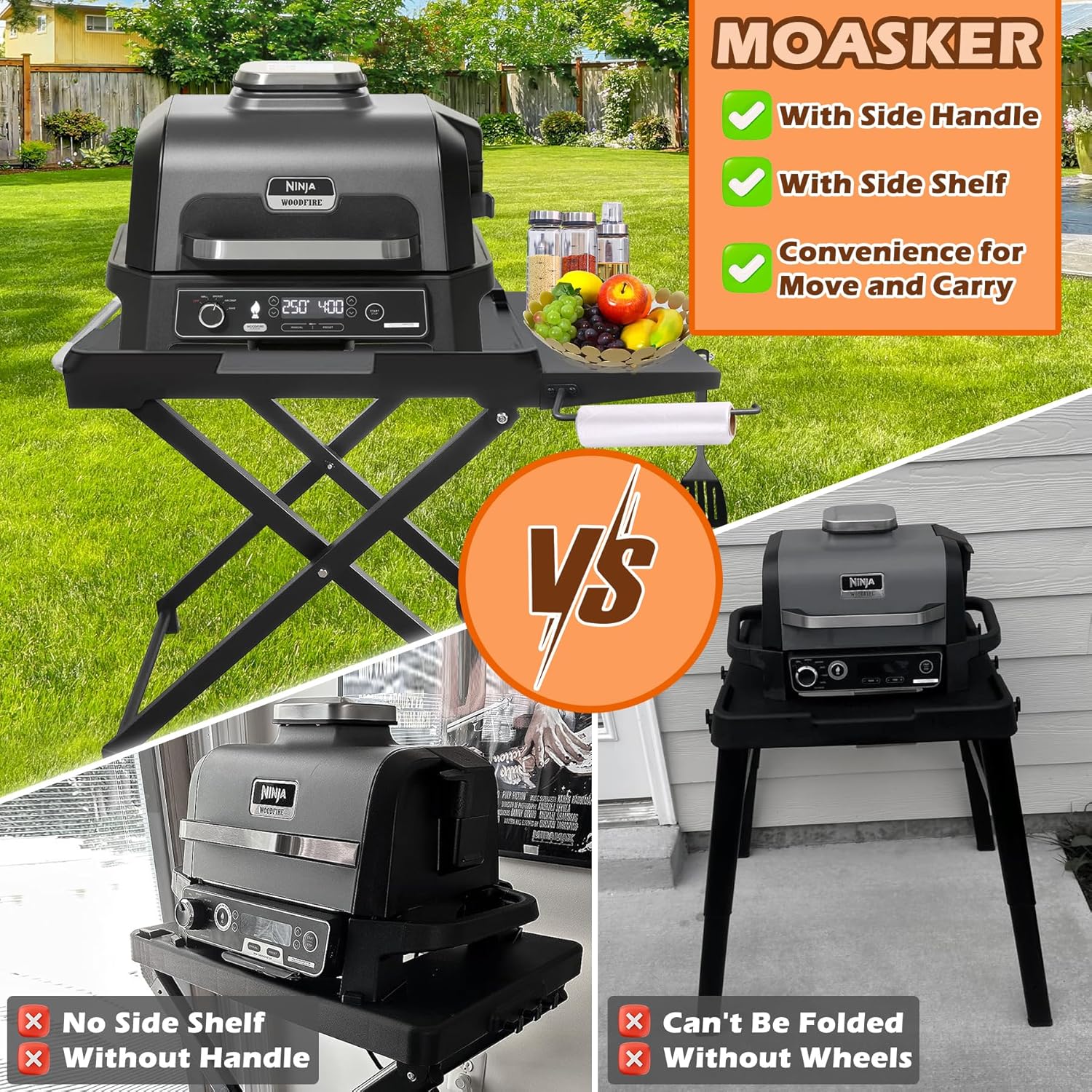 Collapsible Grill Stand for Ninja Woodfire Outdoor Grill OG700/800/900 Series & OO101 Outdoor Pizza Oven Stand, Foldable Grill Cart for Blackstone 17/22 Griddle Stand, with Wheels & Side Table