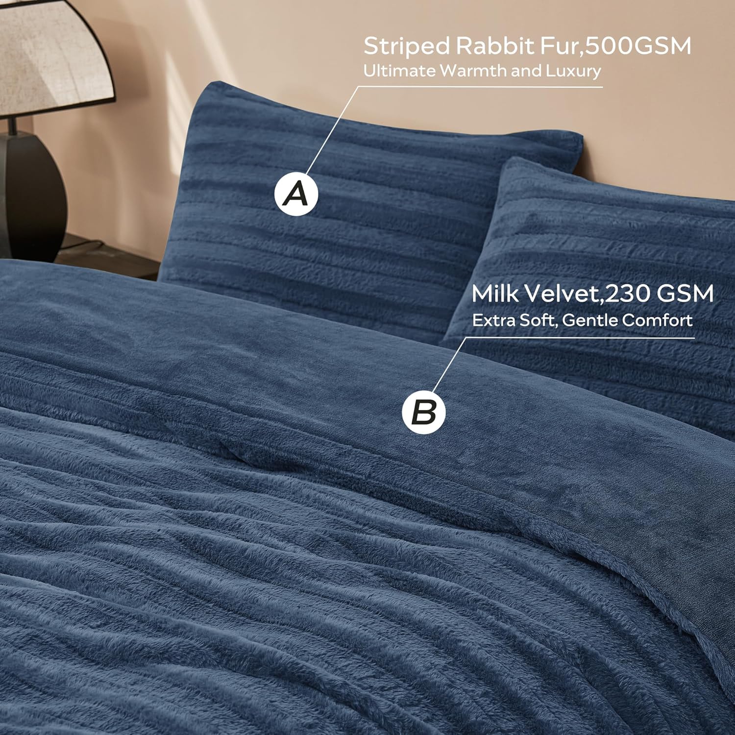JELLYMONI Plush Duvet Cover Set - Queen Size Navy Blue Striped Fuzzy Comforter Cover 3pcs Bedding Set Luxury Ultra Soft Faux Fur Duvet Cover & 2 Pillowcases (NO Comforter) - Image 4