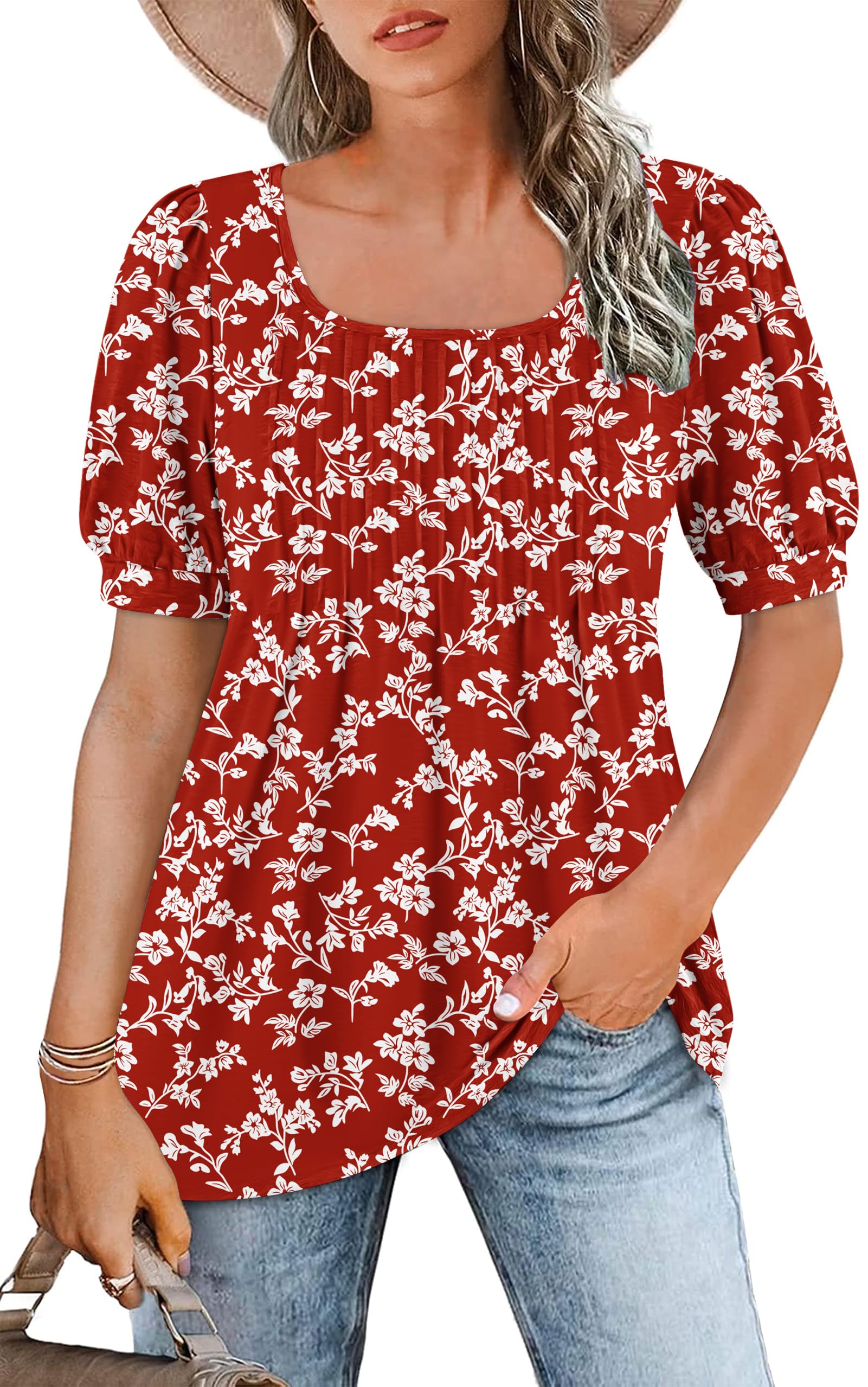WNEEDU Tshirt Damen Sommer Bluse Kurzarm Quadratischem Ausschnitt Oberteile Damen Sommer Tunika T-Shirt Plissee Tops mit Puffärmel Lässige Flowy Elegant
