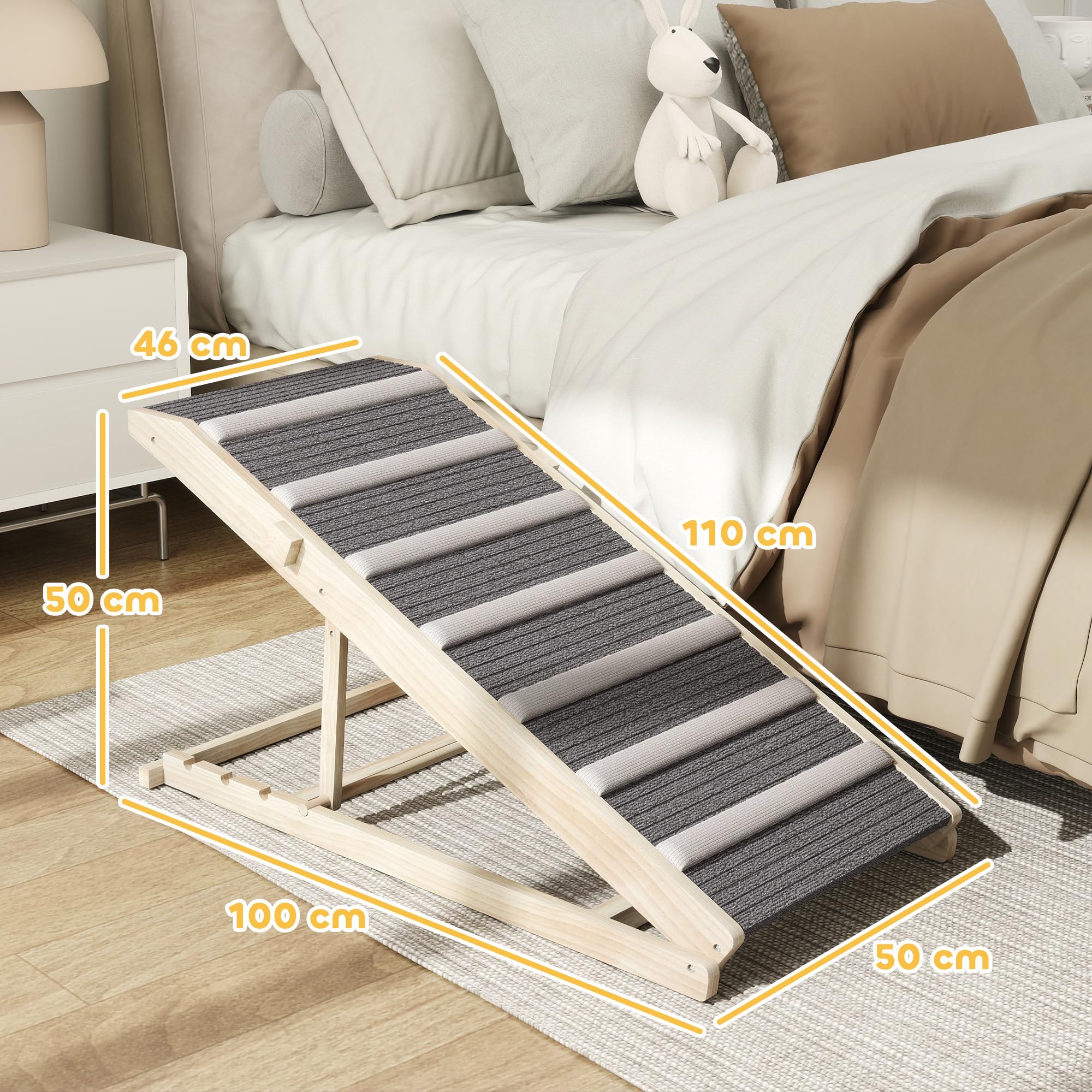 PawHut Rampa para Perros Plegable y Altura Ajustable 35-50 cm, Rampa para Mascotas de Madera con Alfombrilla Antideslizante y Asa, para Perros Pequeños Medianos y Grandes, para Cama Sofá, 100x50x50 cm