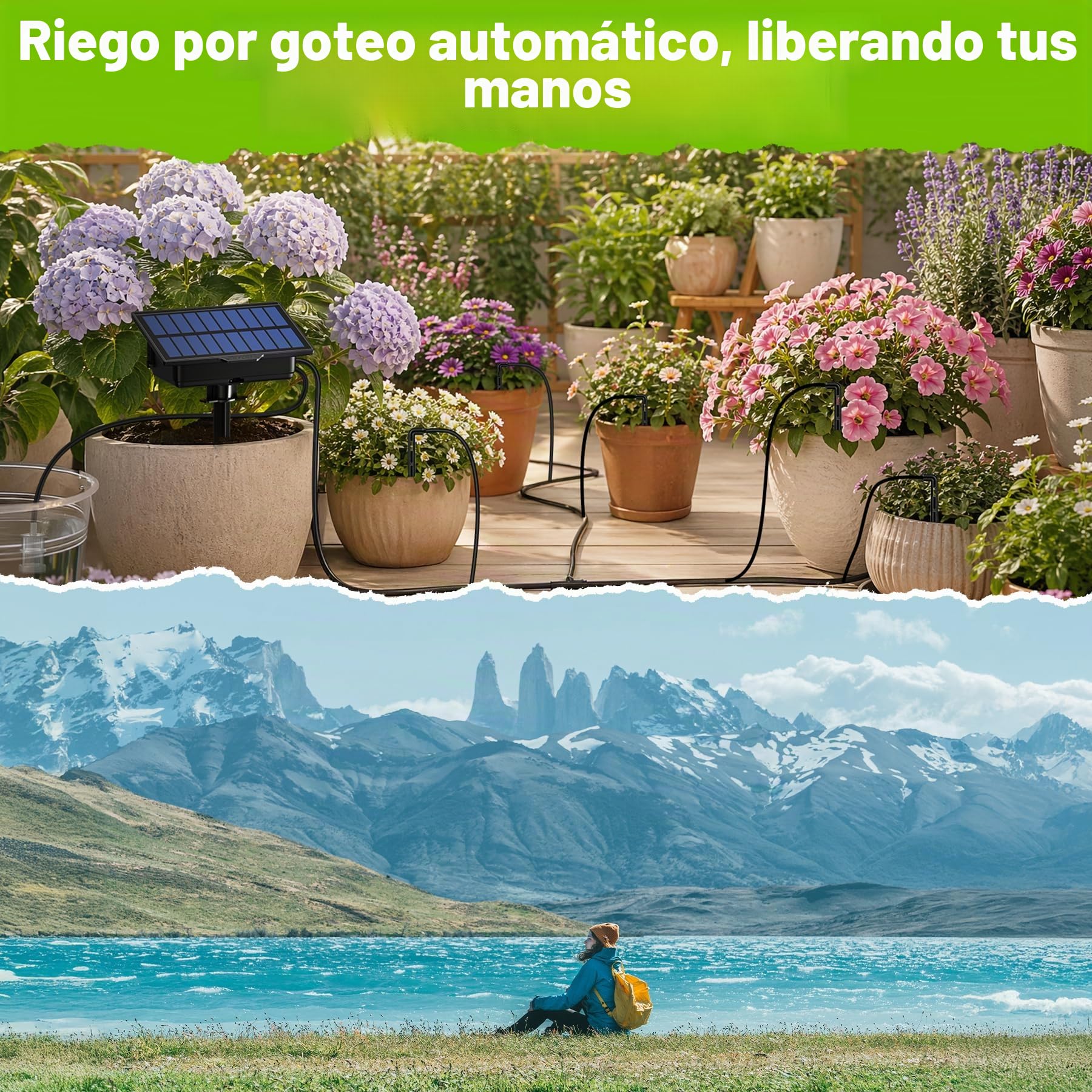 RAINPOINT Kit de Riego por Goteo Automático Solar, Nuevo Diseño de Manguera para Distribución Uniforme del Agua, Sistema de Riego por Goteo con 90 Modos de Temporizador + Manguera de 15M, Antisifón