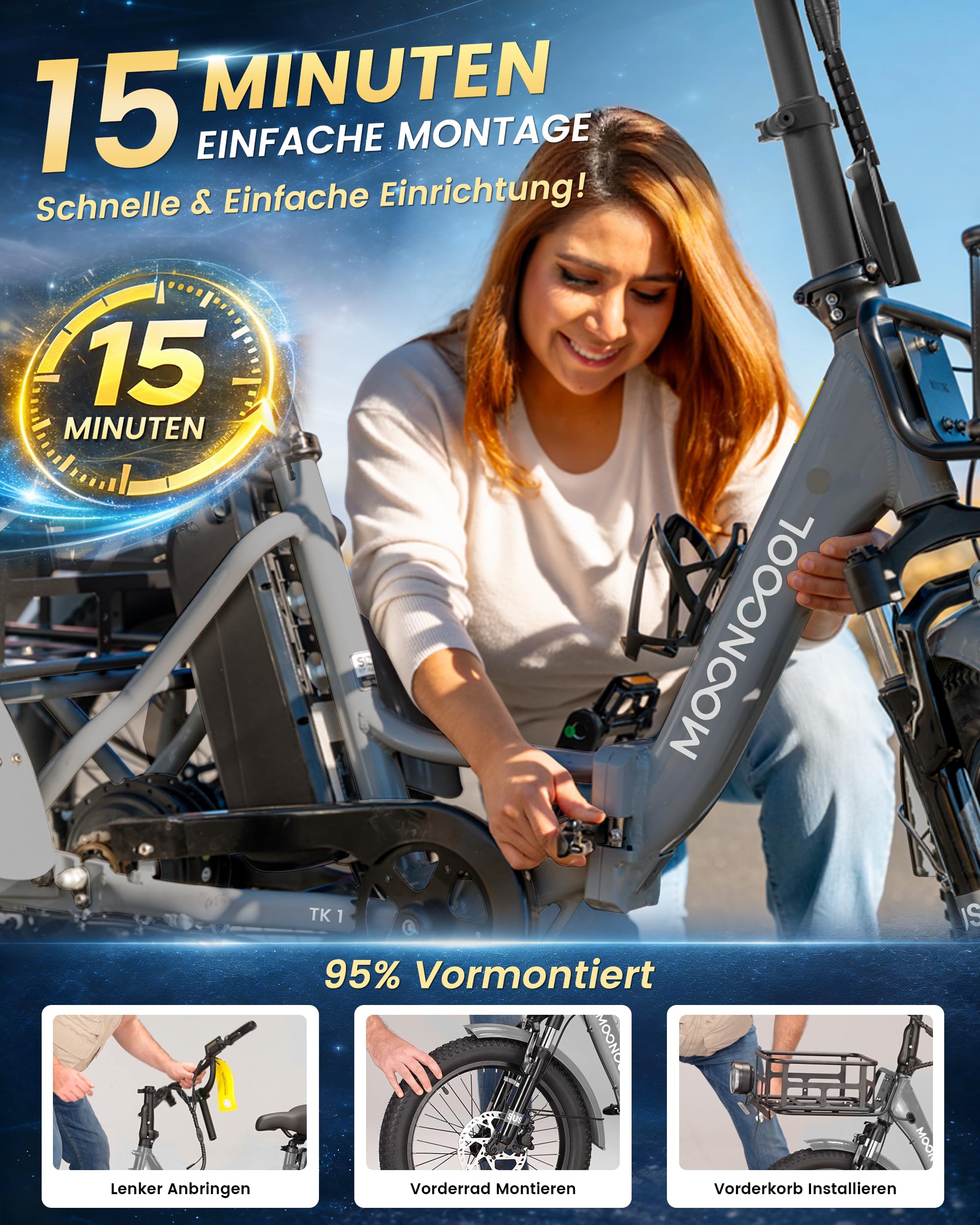 MOONCOOL E Bike Klapprad, 20" Elektrofahrräder für Herren Damen, 36V 20AH Akku, 250W Motor 45 Nm, LCD-Display, IP65 Wasserdicht, 3 Fahrmodi, mit Großen Körben & Fußstützen