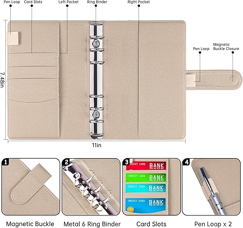 Vista 76 de Antner - Archivador de piel sintética con 6 anillos, para papel de tamaño A6, agenda personal con hojas sueltas y cubierta con cierre magnético