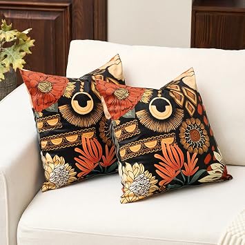Tyrot Black Boho Floral Velvet Throw Pillow Covers Set of 2 Farmhouse Cushion Covers Mid Century Botanical Home Decor Accent Pillow Cases for Couch Sofa Living Room, Bedroom, 20x20 Inches
