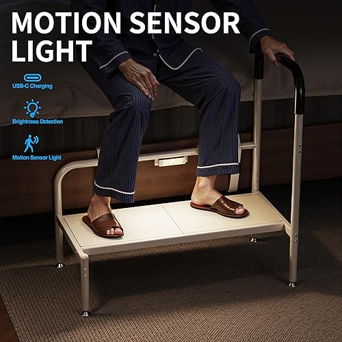 Miniatura 4 de Taburete de cama para adultos, escalones de noche para personas mayores con mango antideslizante y luz LED, riel de asistencia estable para camas