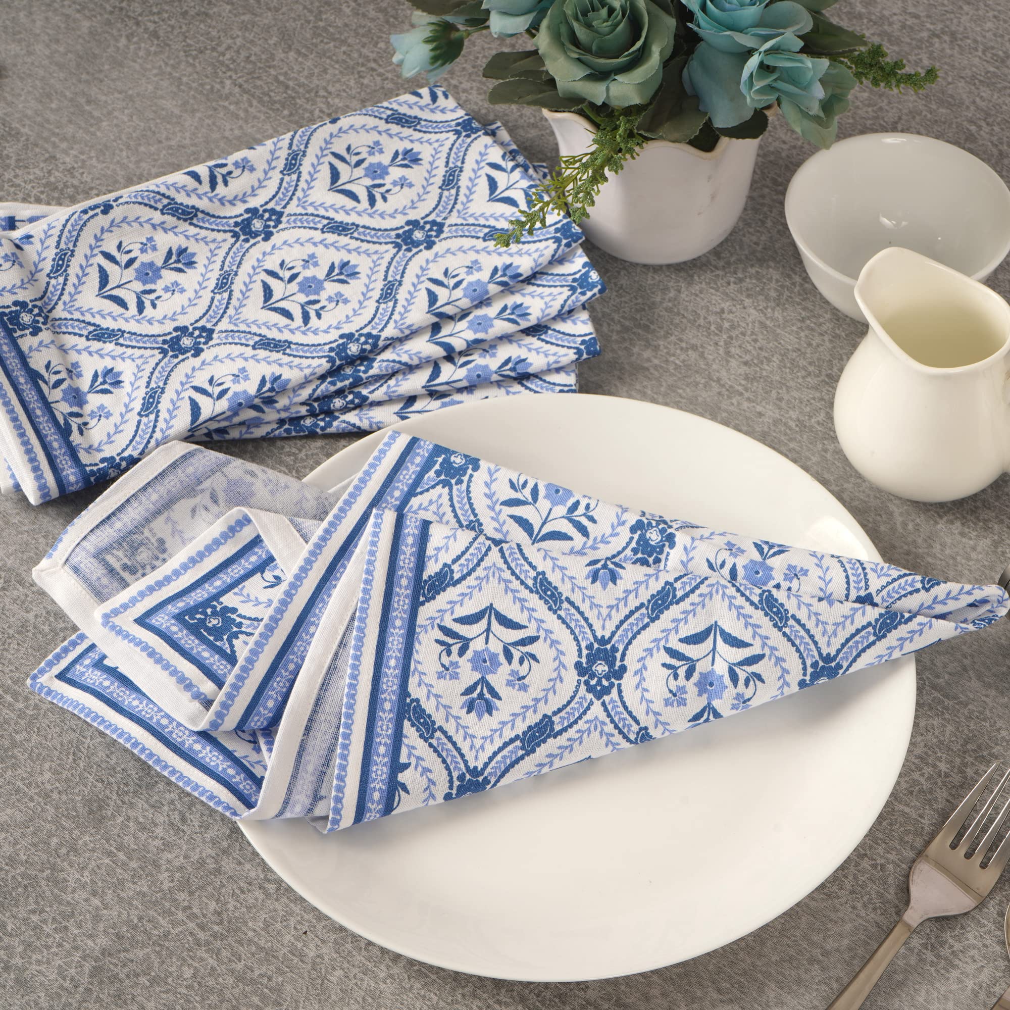 FINGERCRAFT Lot de 12 serviettes de table en coton et lin mélangé avec des coins en onglet, parfaites pour les fêtes, dîners, mariages, cocktails, Noël, Pâques - 50,8 x 50,8 cm - Bleu damassé