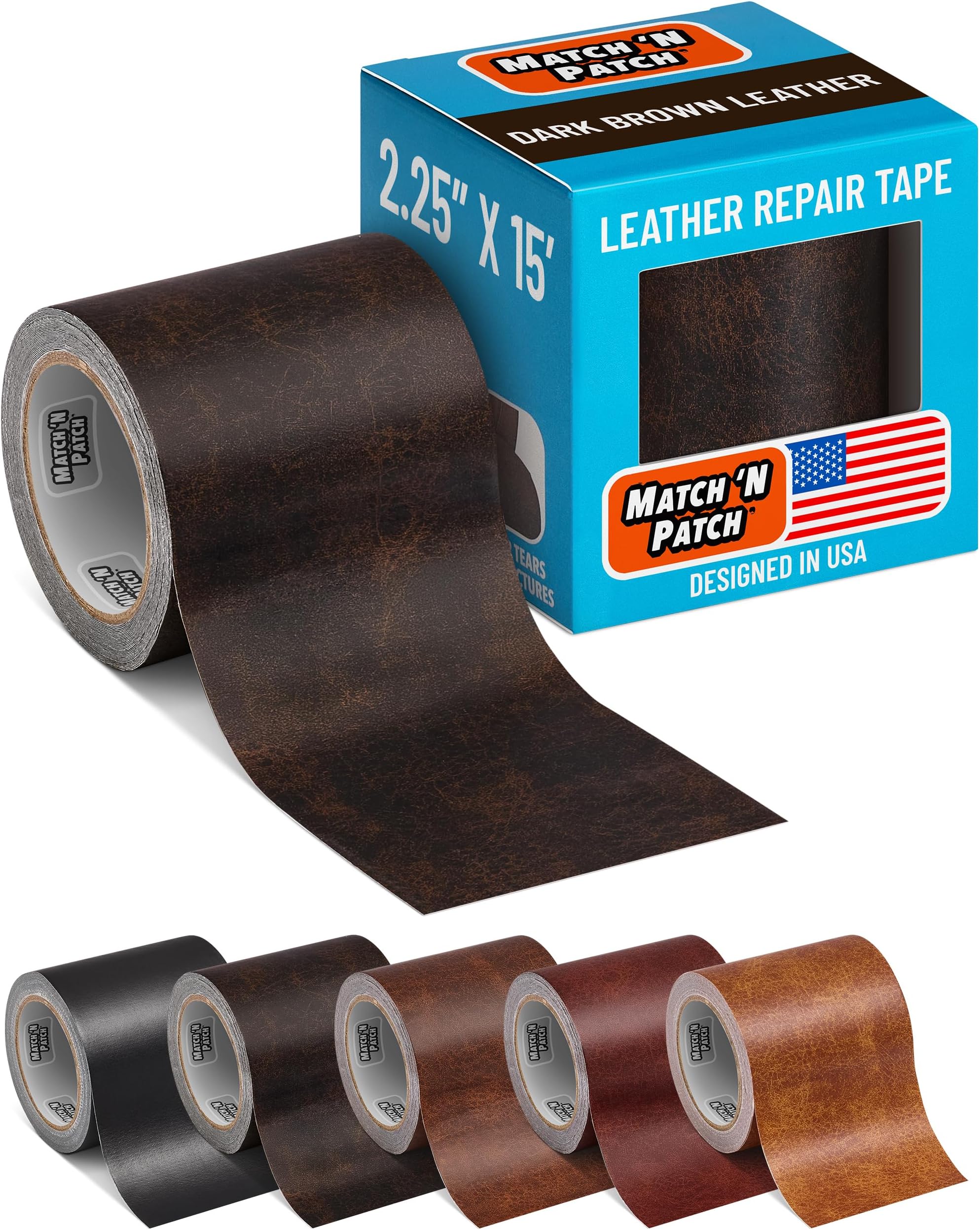 Leather Repair Tape - Dark Brown (2.25 inch x 15 feet) - Realistic Faux Leather Patches for Couch, Sofa, Upholstery, Car Seats & Other Furniture, Vinyl Repair Kit, Self Adhesive Patch