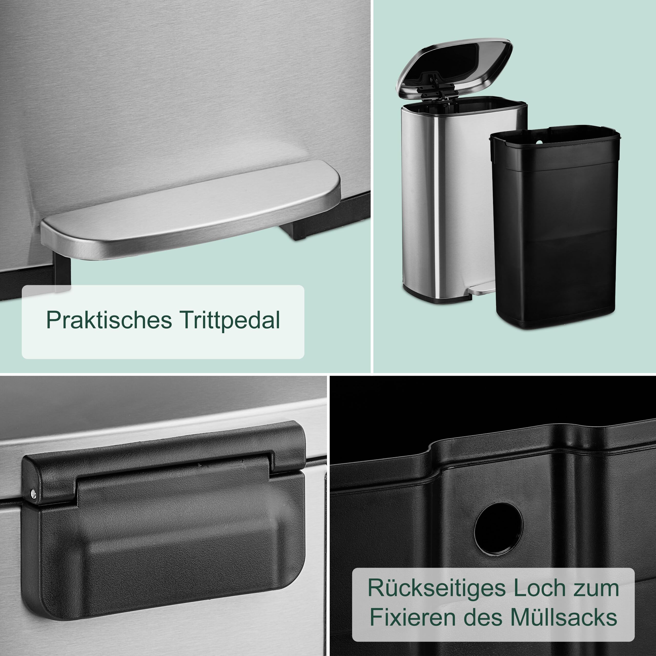 Relaxdays Mülleimer, 50 Liter, Küche, entnehmbarer Inneneimer, Fußpedal, Softclose, Edelstahl, Tretmülleimer, Silber