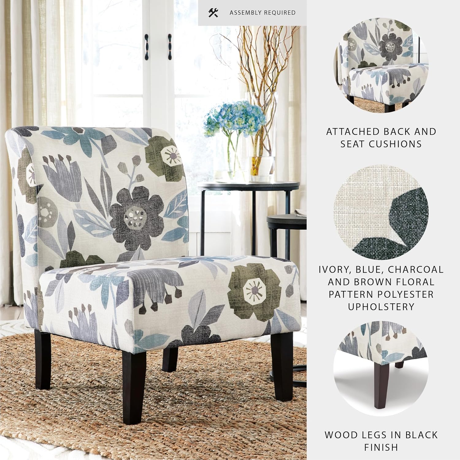 Signature Design by Ashley Triptis Floral Armless Accent Chair, White, Blue & Gray