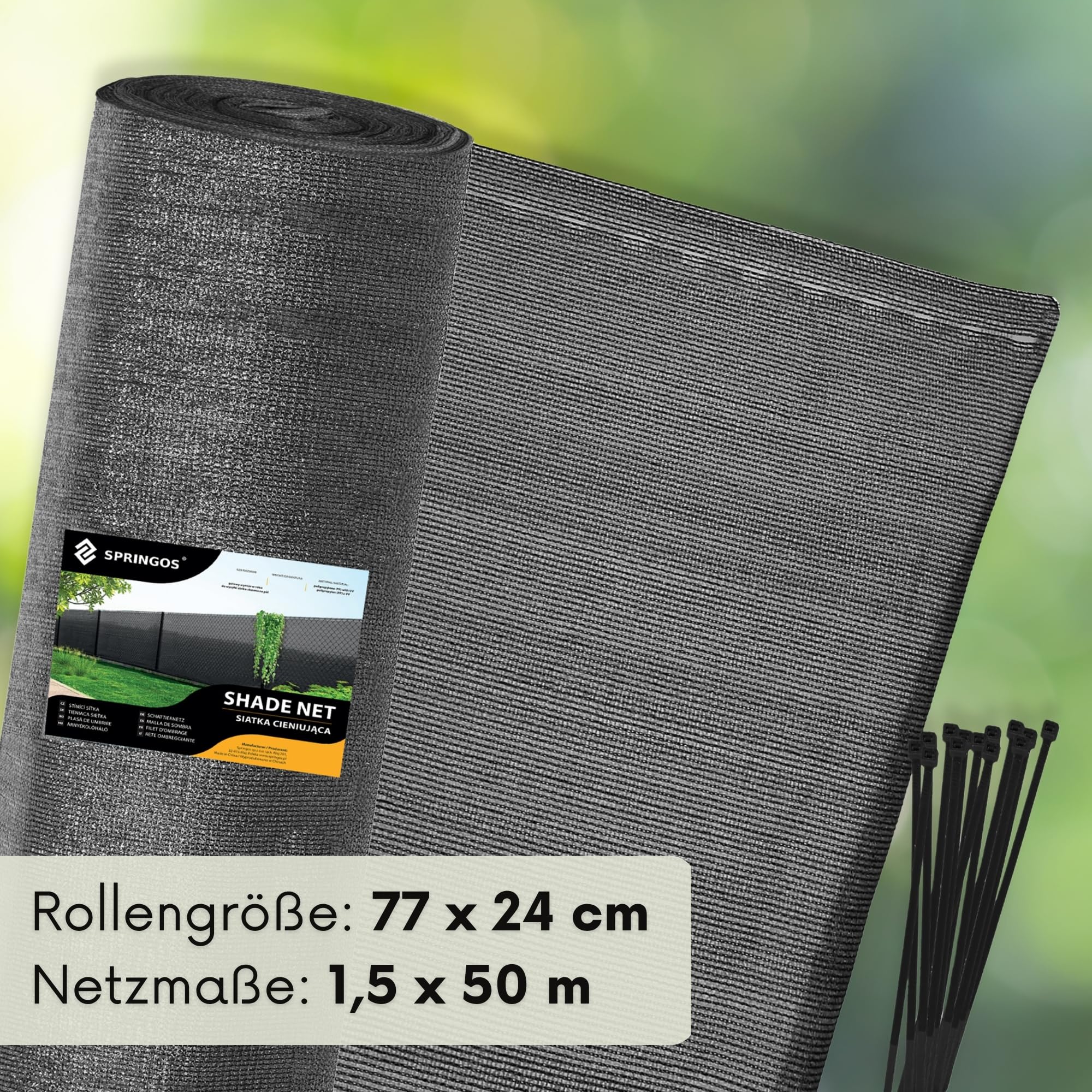 Schattennetz 1,5x50m 95% UV-Schutz + Kabelbinder – Sichtschutznetz mit hoher Dichte & verstärkten Rändern für Gartenzaun, Balkon, Terrasse, Sonnenschutz – SPRINGOS