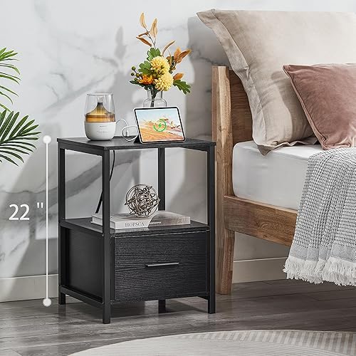 Miniatura 4 de VECELO Mesita de noche con estación de carga, mesa auxiliar con cajón de almacenamiento, puerto USB y tomas de corriente, mesita de noche para